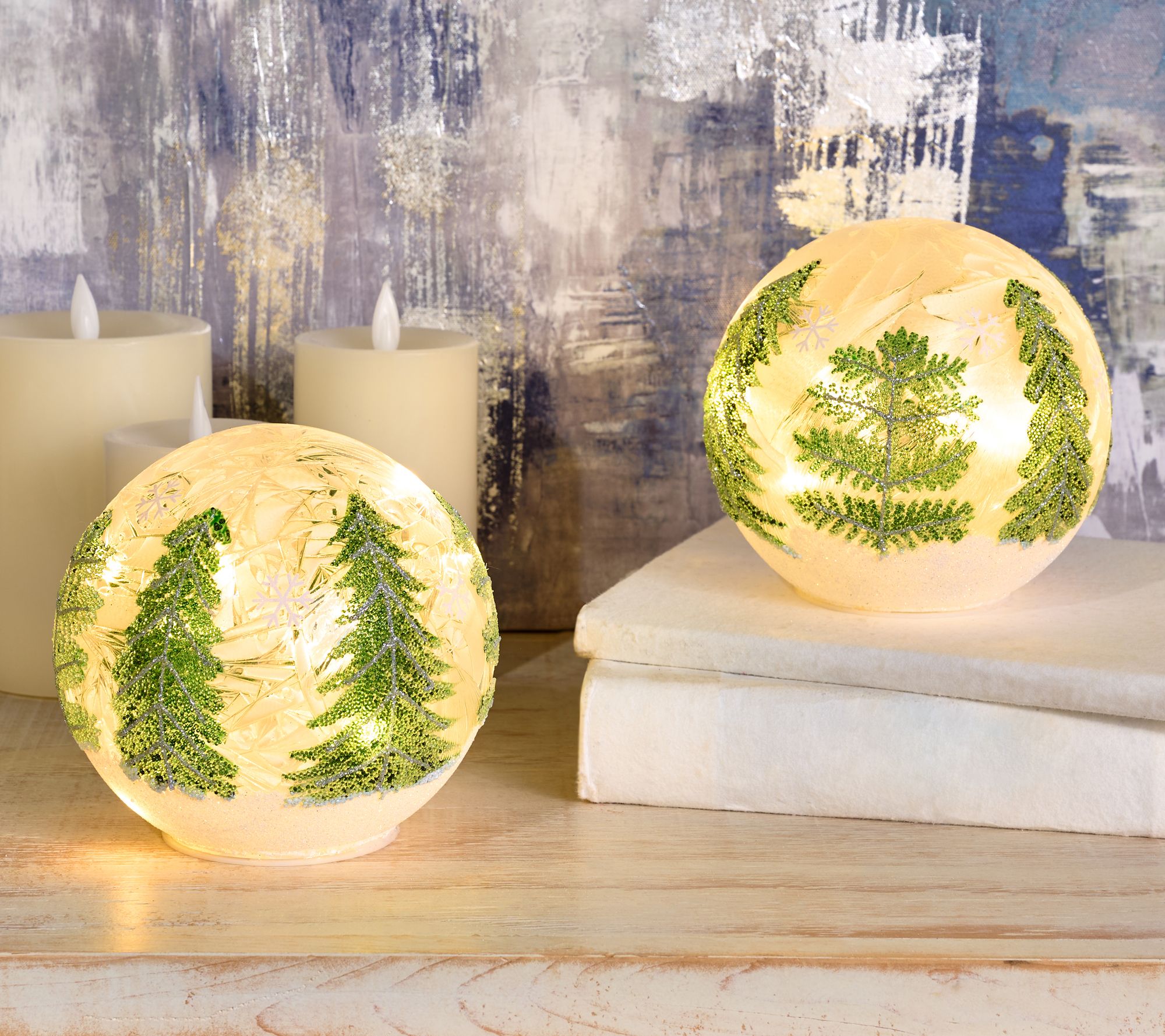 "As Is" Winter Forest Set of 2 6" Illuminated Spheres by Valerie