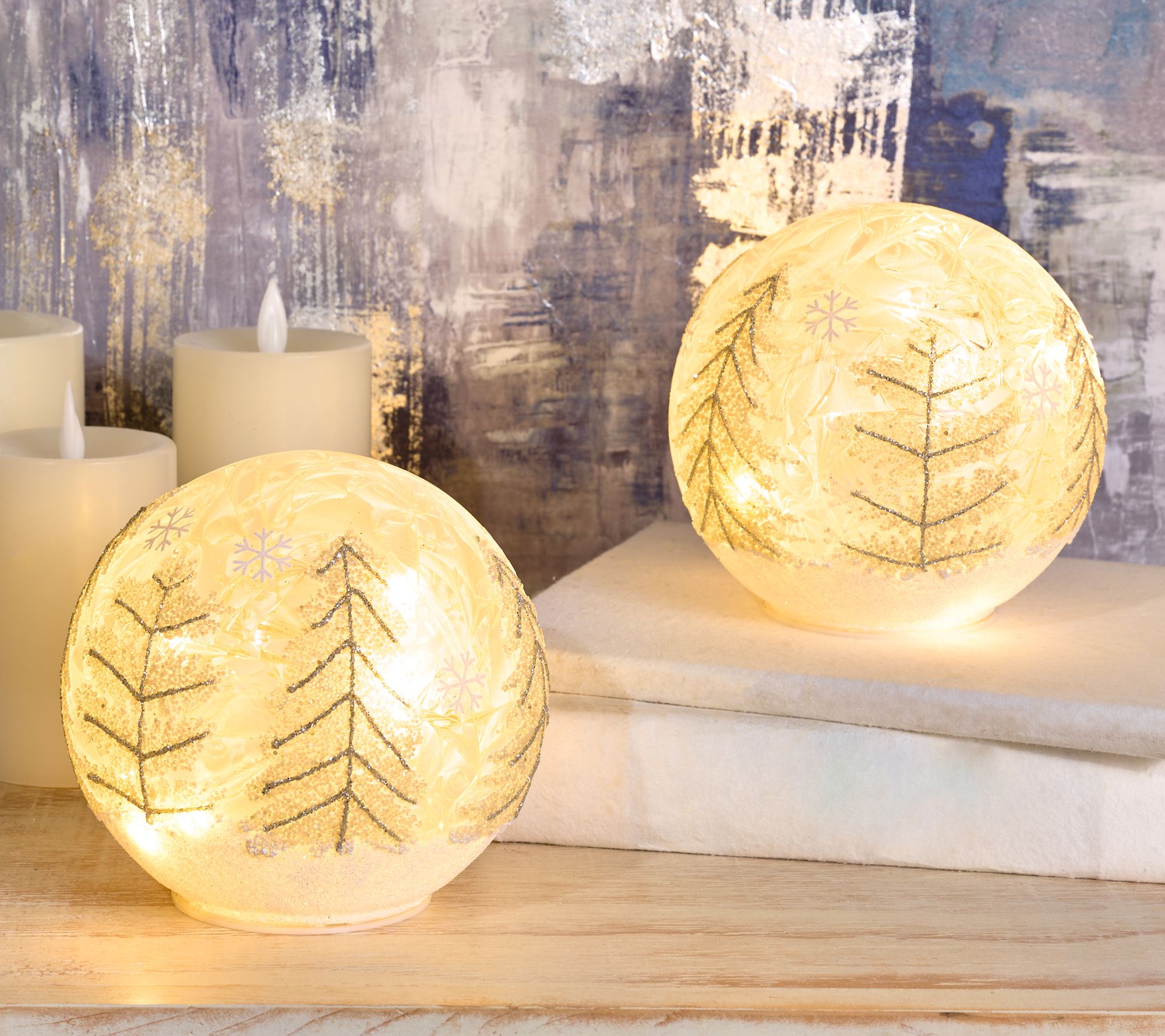 "As Is" Winter Forest Set of 2 6" Illuminated Spheres by Valerie