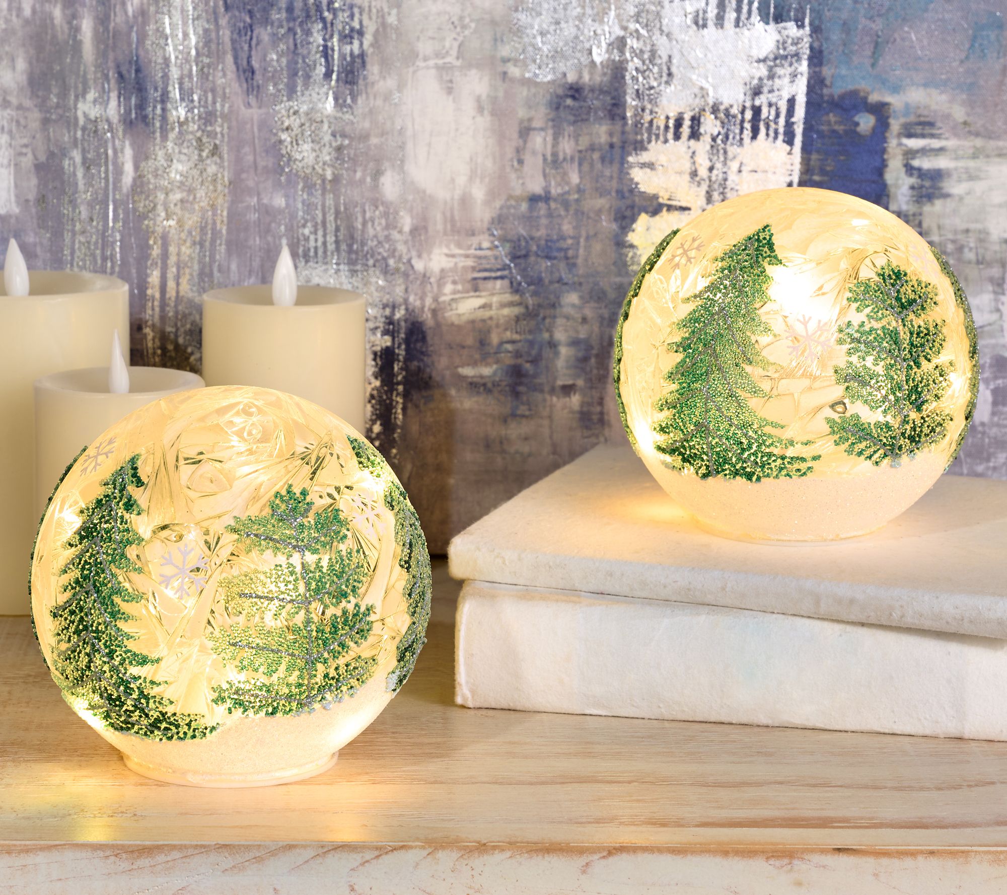 "As Is" Winter Forest Set of 2 6" Illuminated Spheres by Valerie