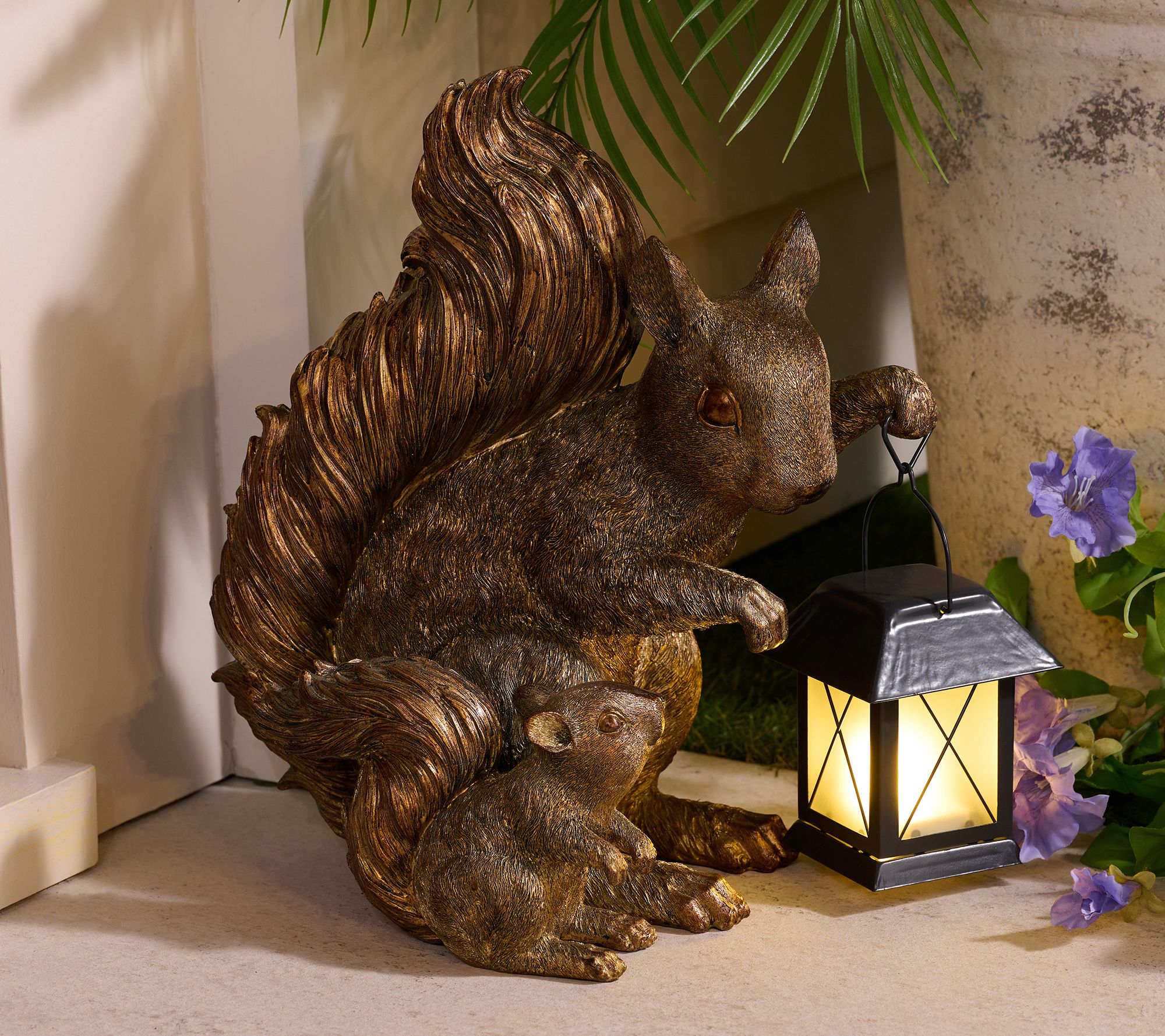 "As Is" Indoor/Outdoor Squirrel & Baby w/Illuminated Lantern-Valerie