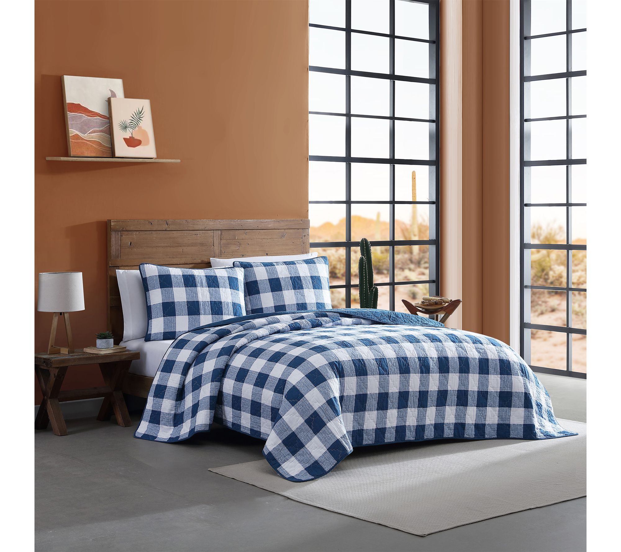 Wrangler Flagstaff Check Blue Cotton Queen Quilt Set
