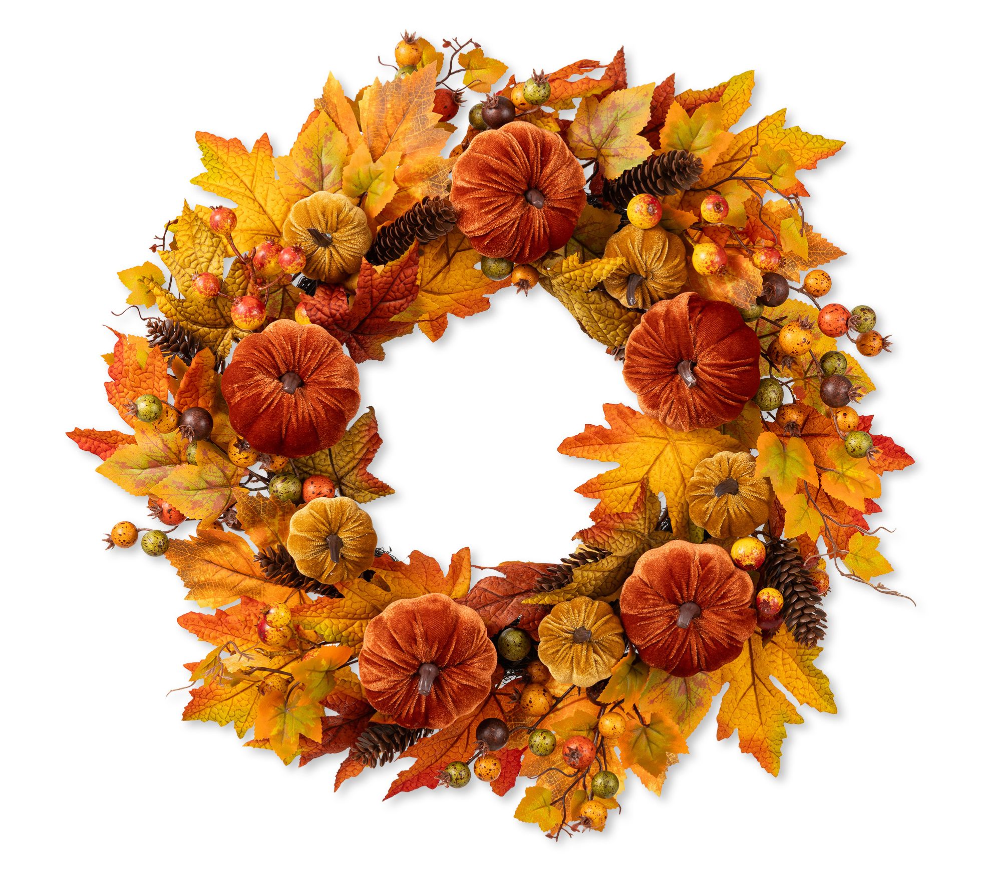 Glitzhome 24"D Fall Velvet Pumpkin Pinecone & Berry Wreath