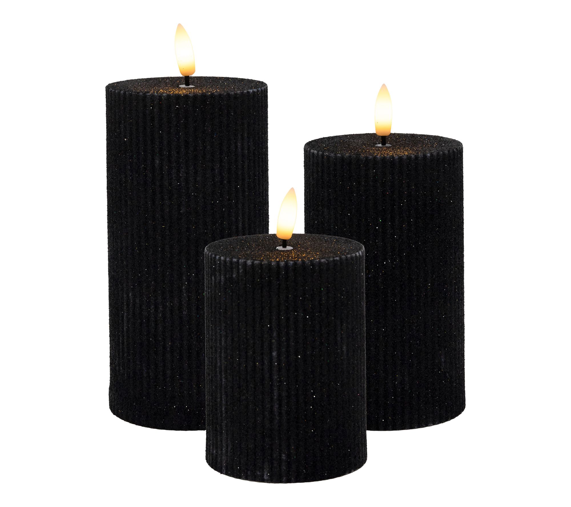 LumaBase Battery-Operated Black Fluted Pillar Candles Set