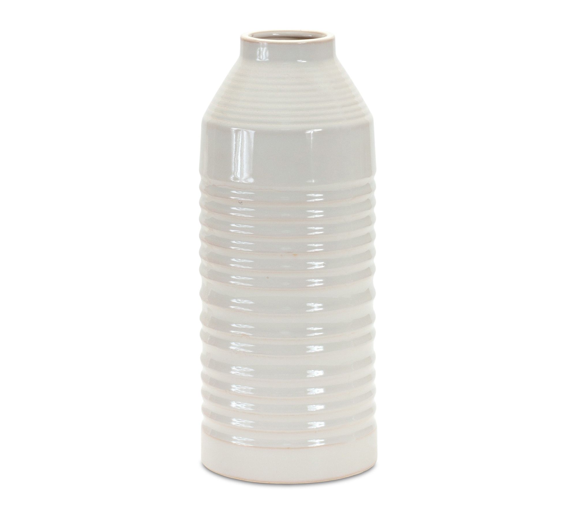 HomeRoots 15" White Ribbed Cylinder Terracotta Vase