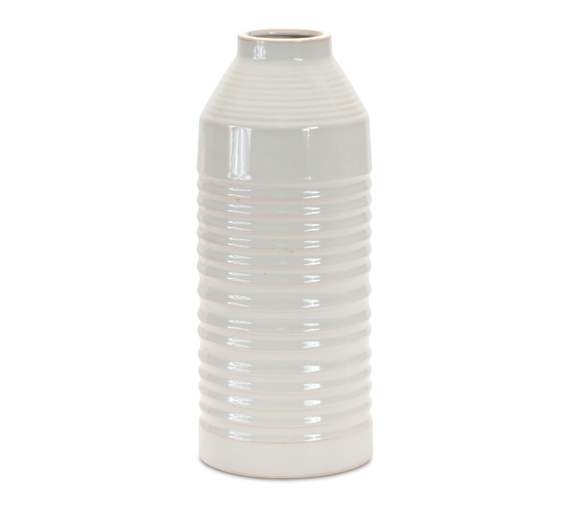 HomeRoots 15" White Ribbed Cylinder Terracotta Vase