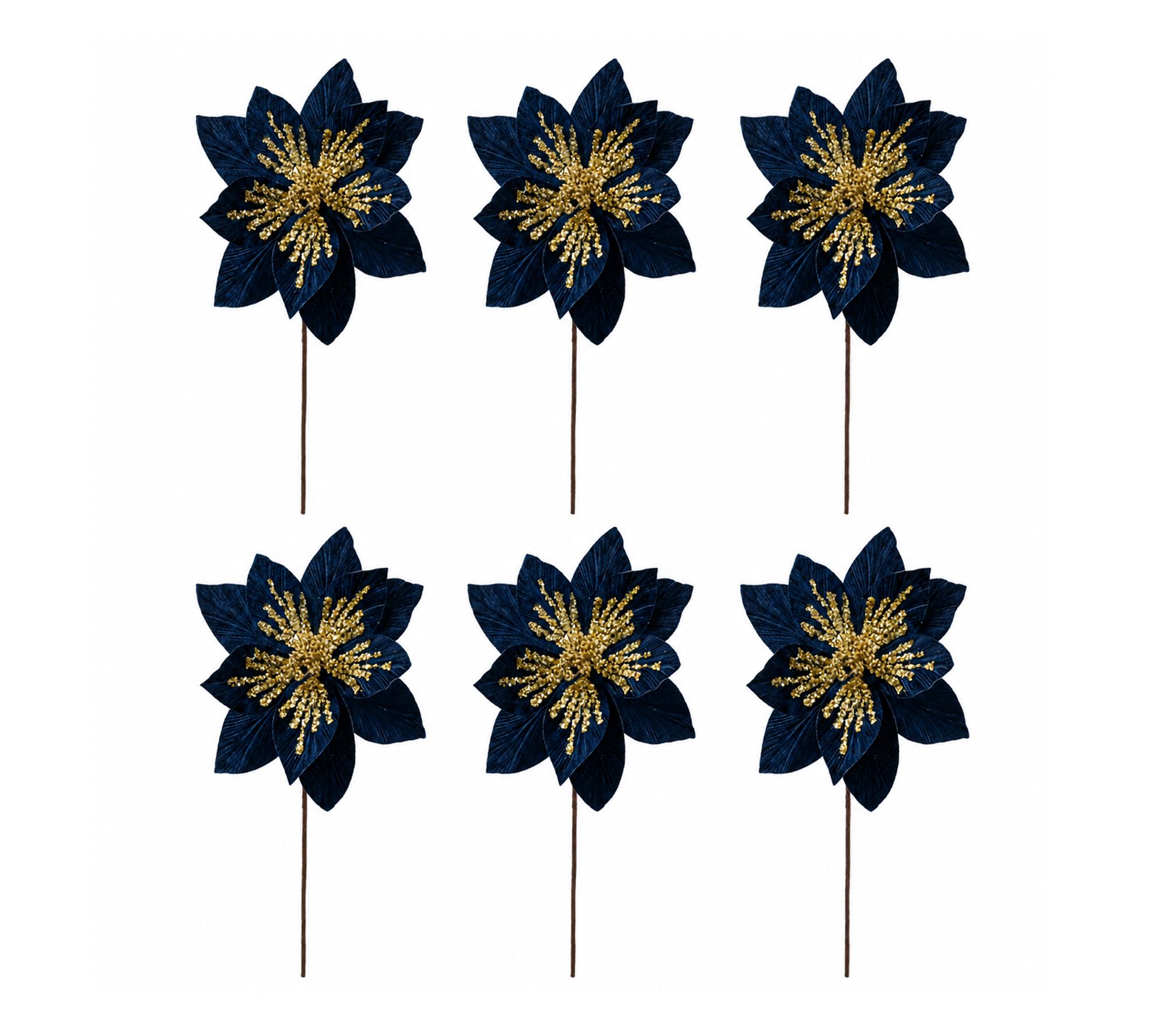 RC Home Decor-6 -Piece Velvet Poinsettia Stems w/Gold Glitter