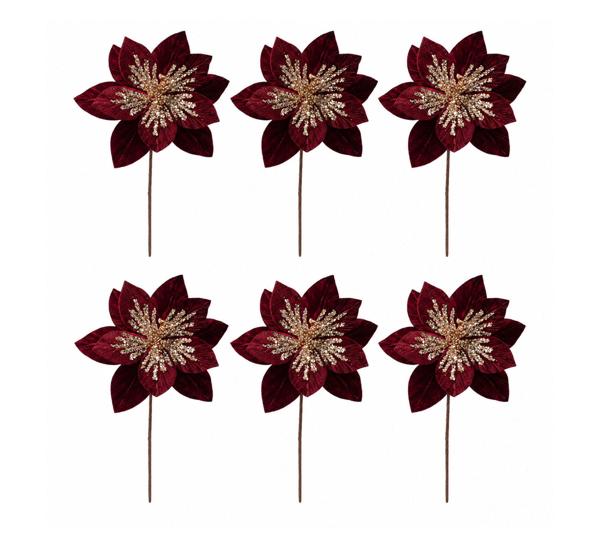RC Home Decor-6 -Piece Velvet Poinsettia Stems w/Gold Glitter
