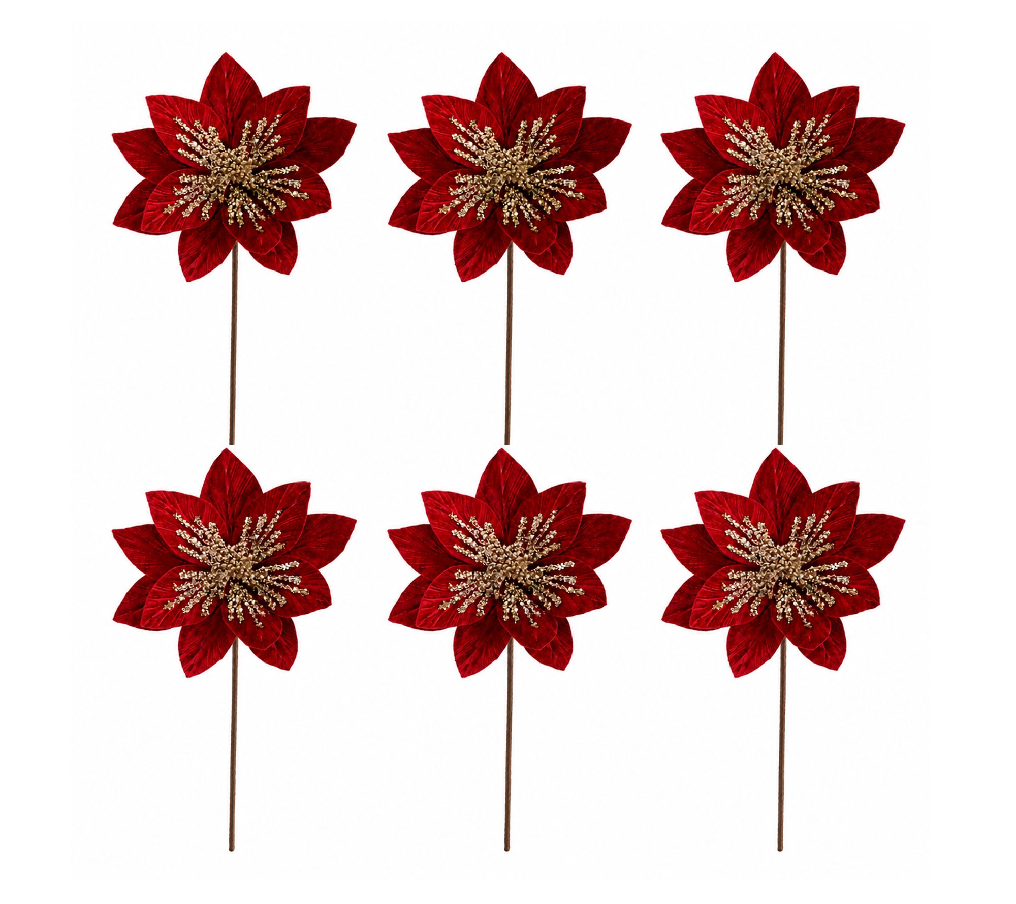 RC Home Decor-6 -Piece Velvet Poinsettia Stems w/Gold Glitter