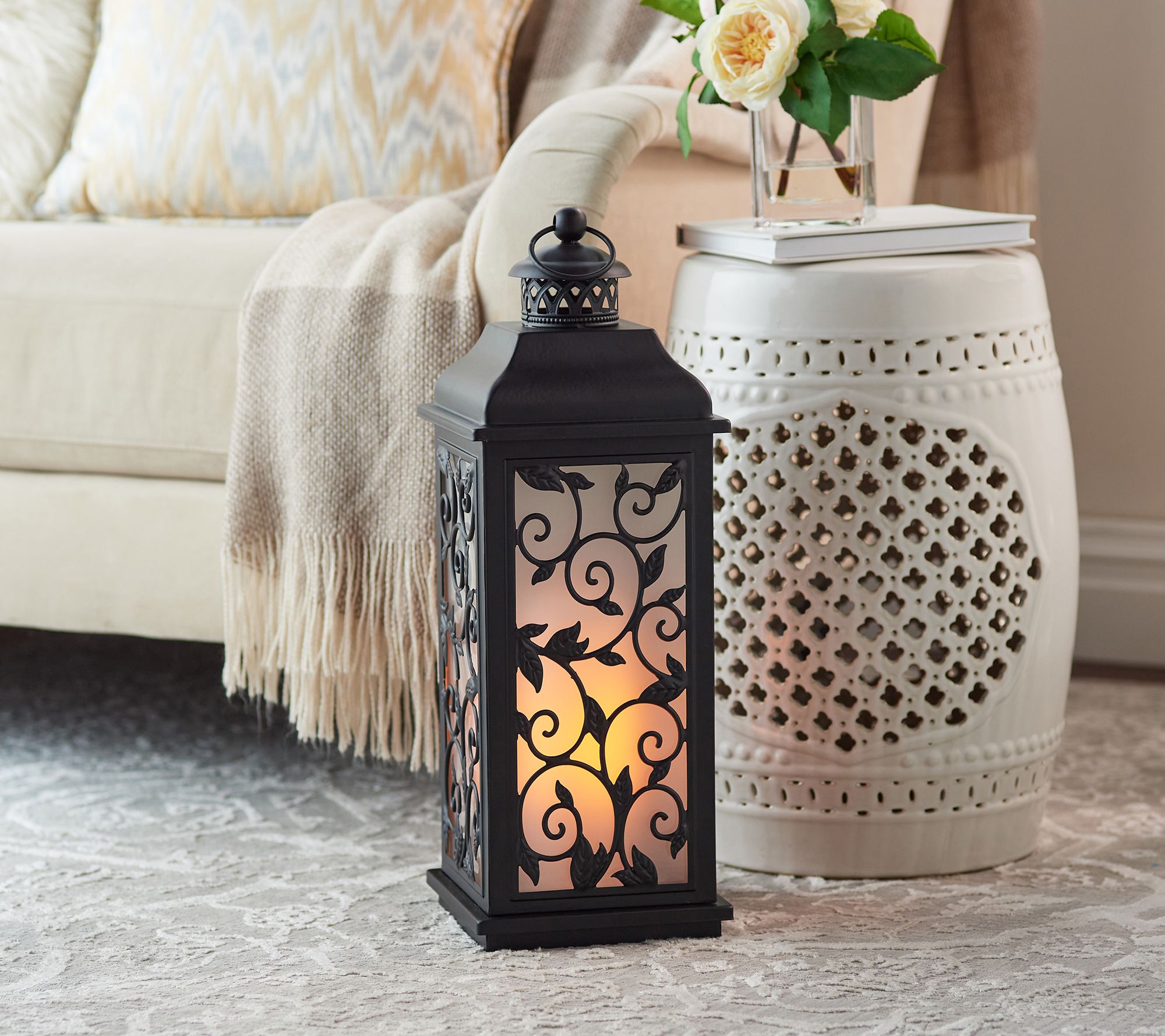 (QVC) 20" Metal Indoor/Outdoor Flickering Flame Lantern by Valerie