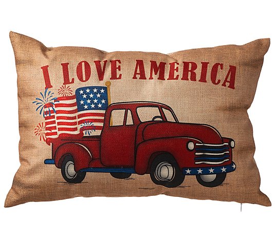 Glitzhome I Love America Faux Burlap PatrioticTruck Pillow