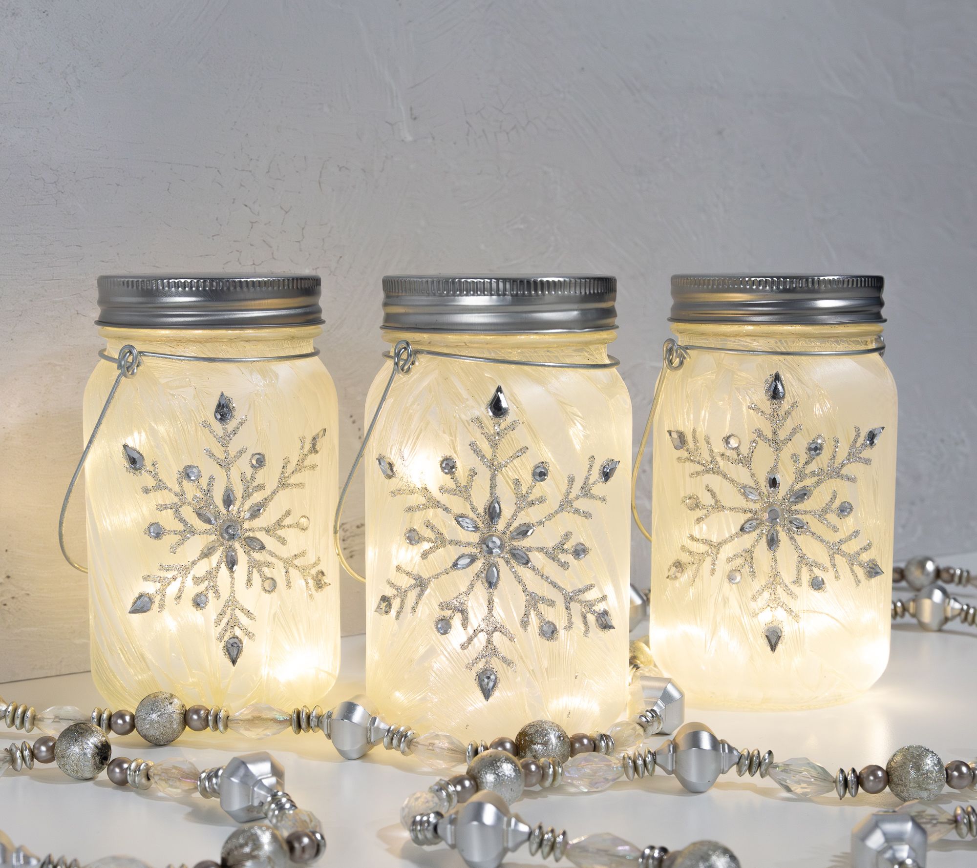 LumaBase 3ct Battery-Operated Snowflake Glass Mason Jars