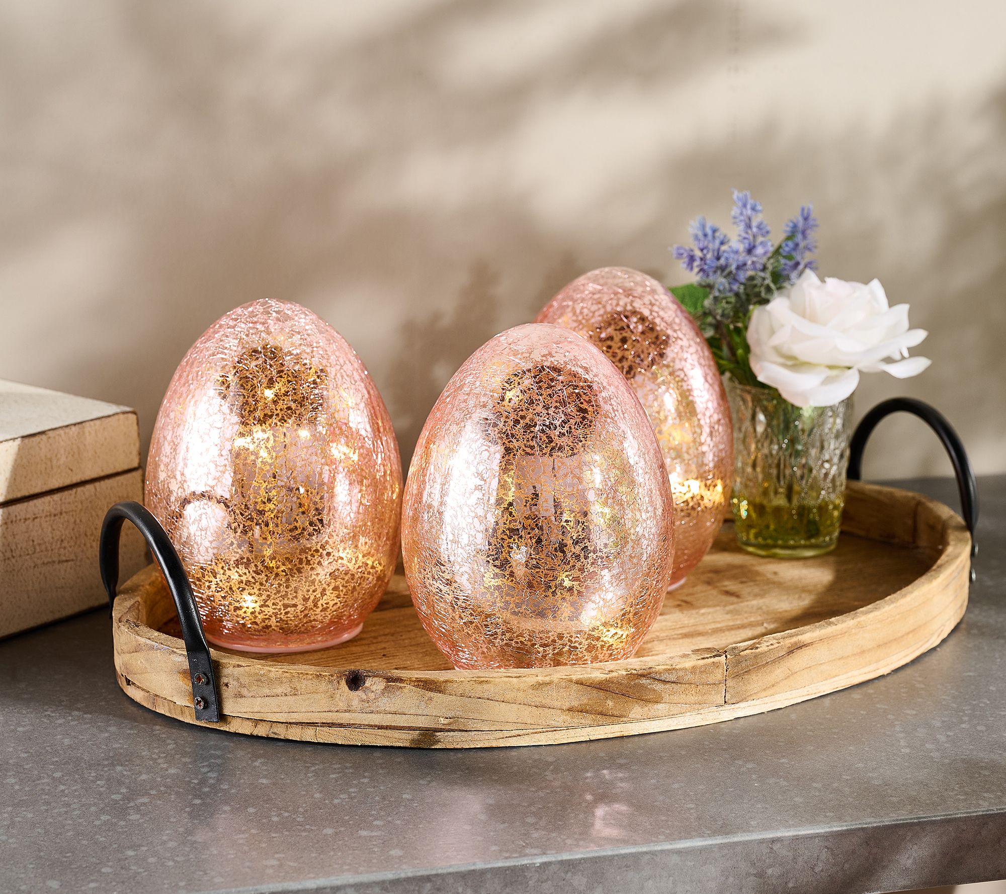 "As Is" Set of 3 6" Twinkling Mercury Glass Crackle Eggs by Valerie