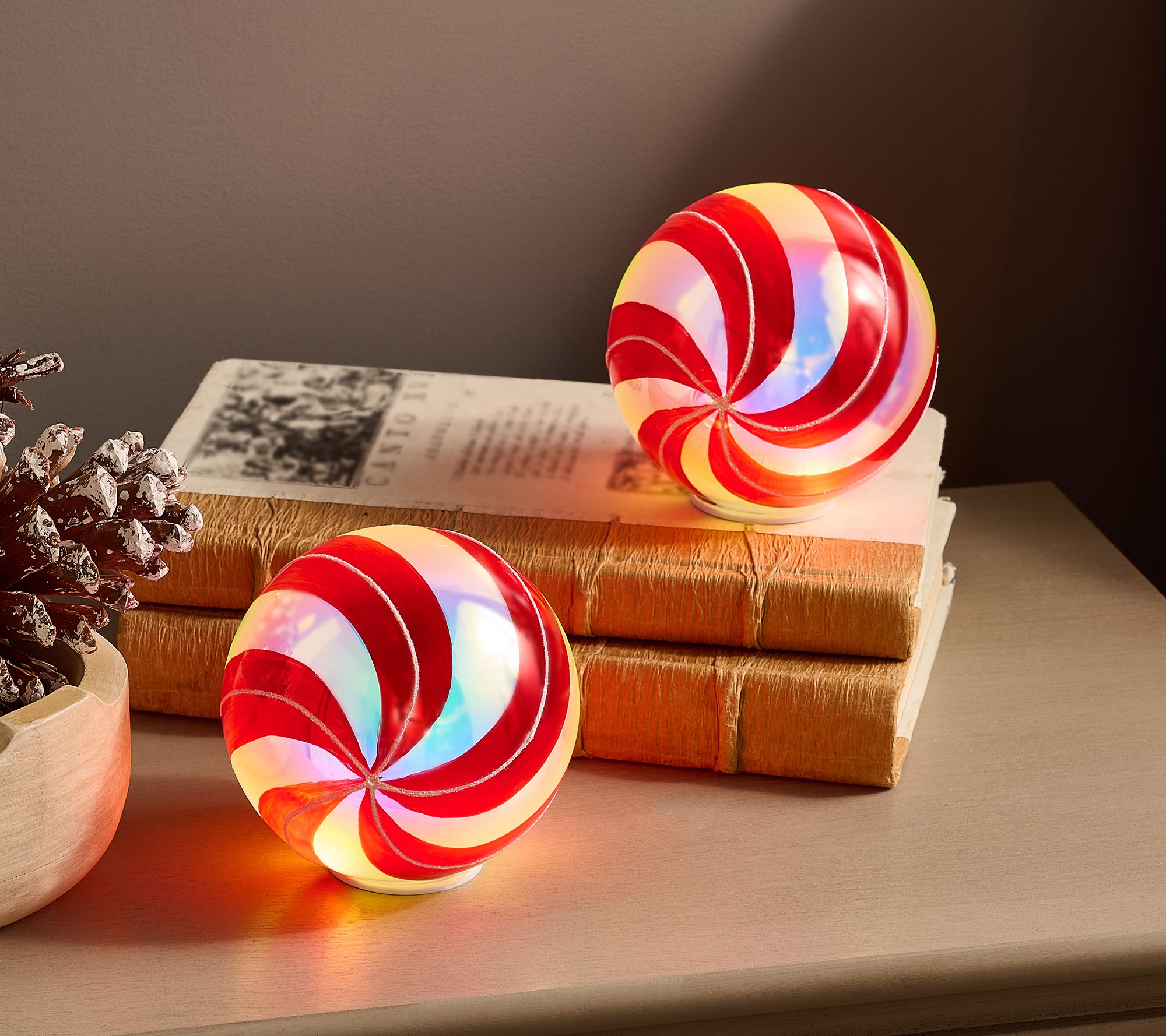 2-Piece Lit Peppermint Glass Candy Ornaments by Valerie