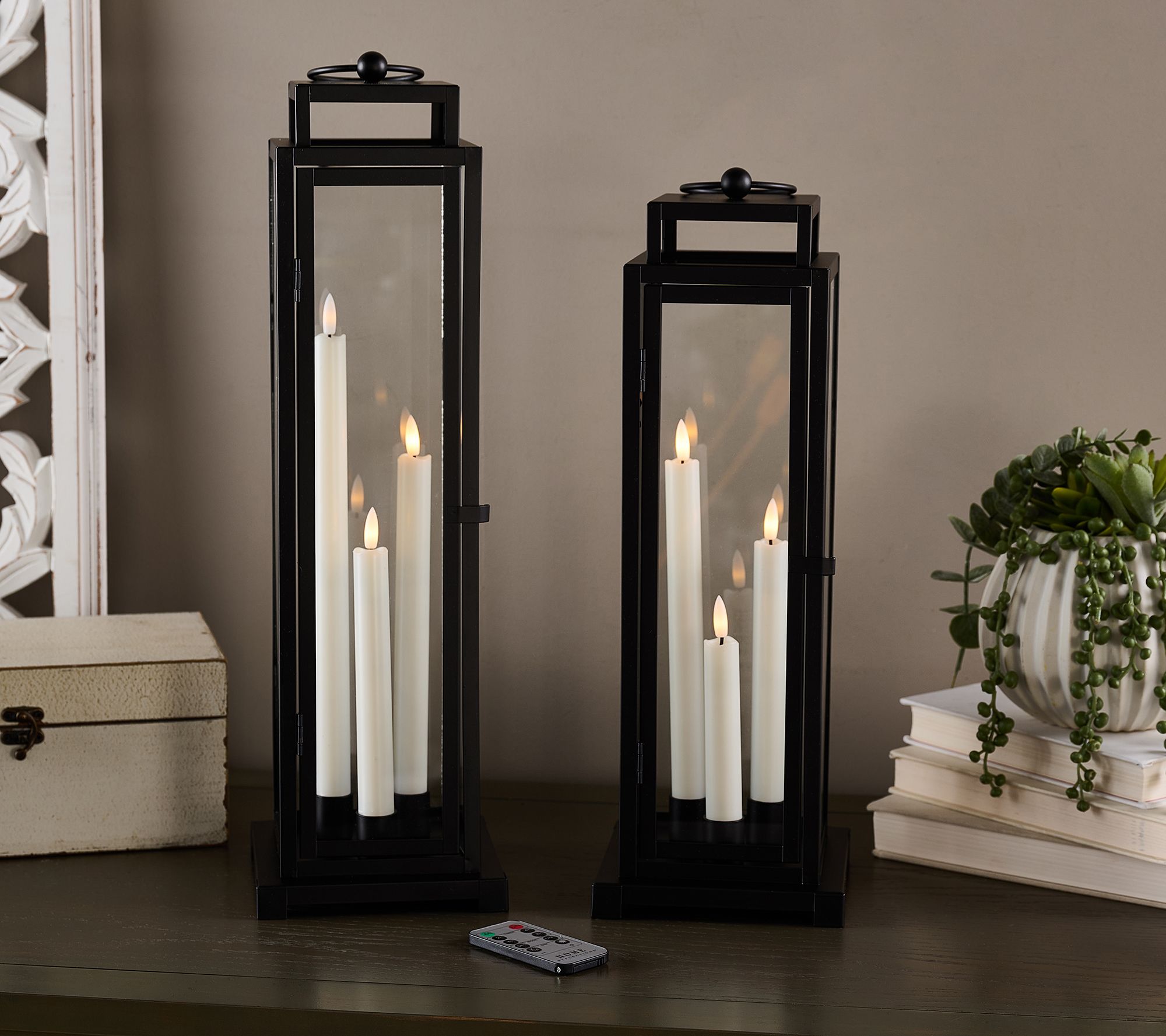 Home Reflections S/2 Metal Lanterns with Trio Tapers