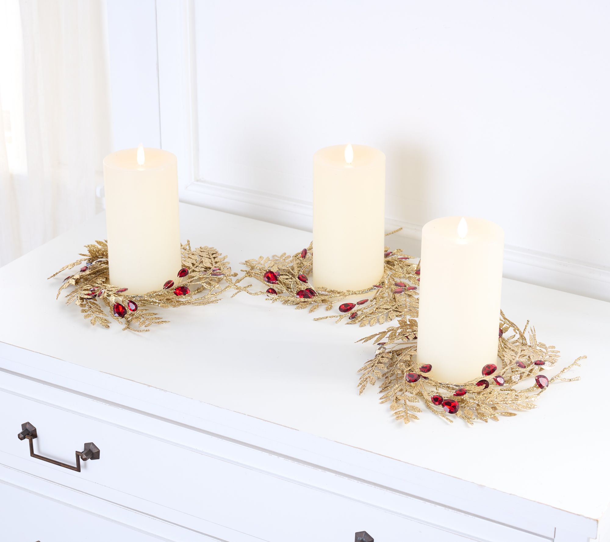 "As Is" Set/3 Glittered Leaf & Faceted Gem Candle Rings by Valerie