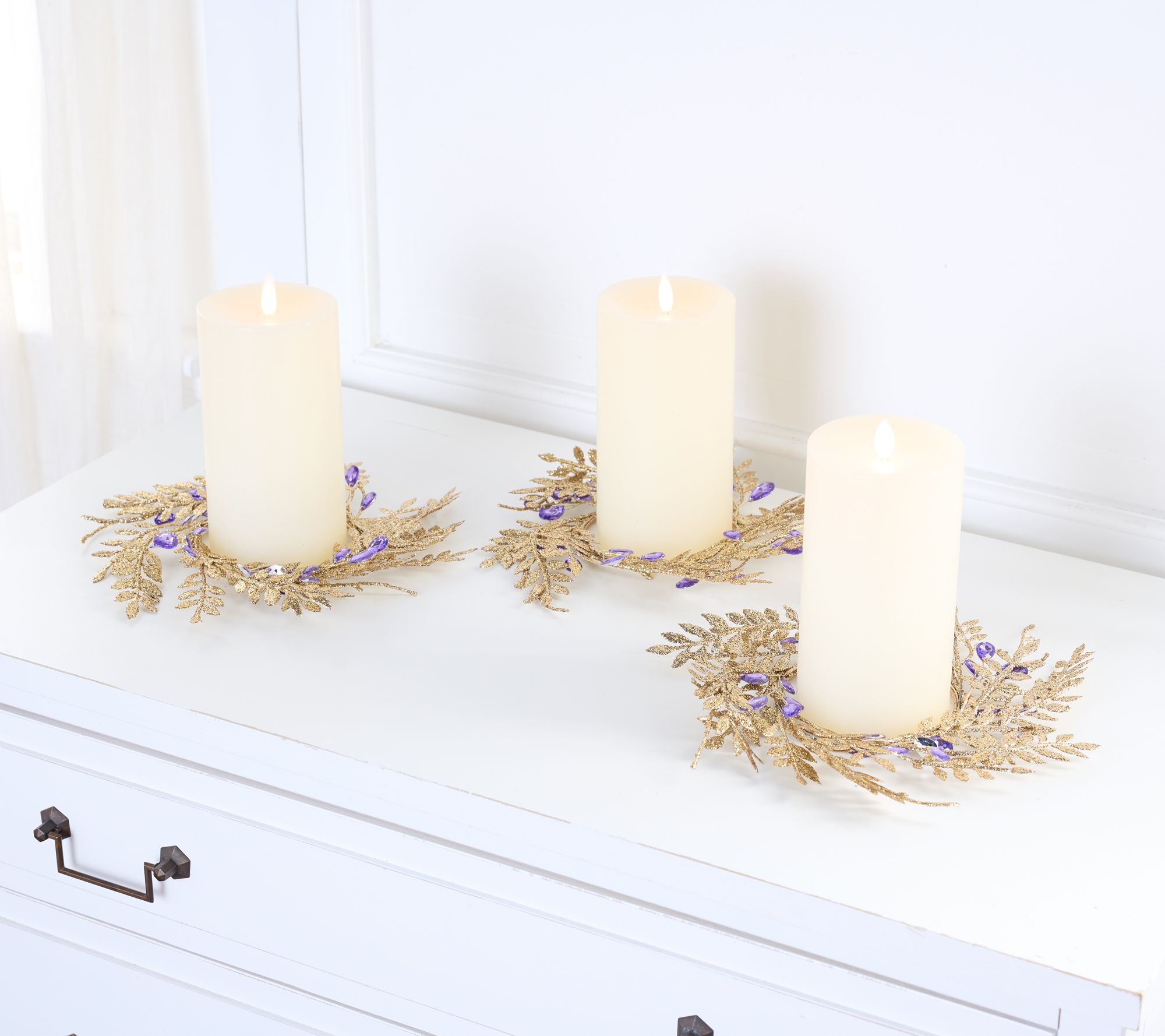 "As Is" Set/3 Glittered Leaf & Faceted Gem Candle Rings by Valerie