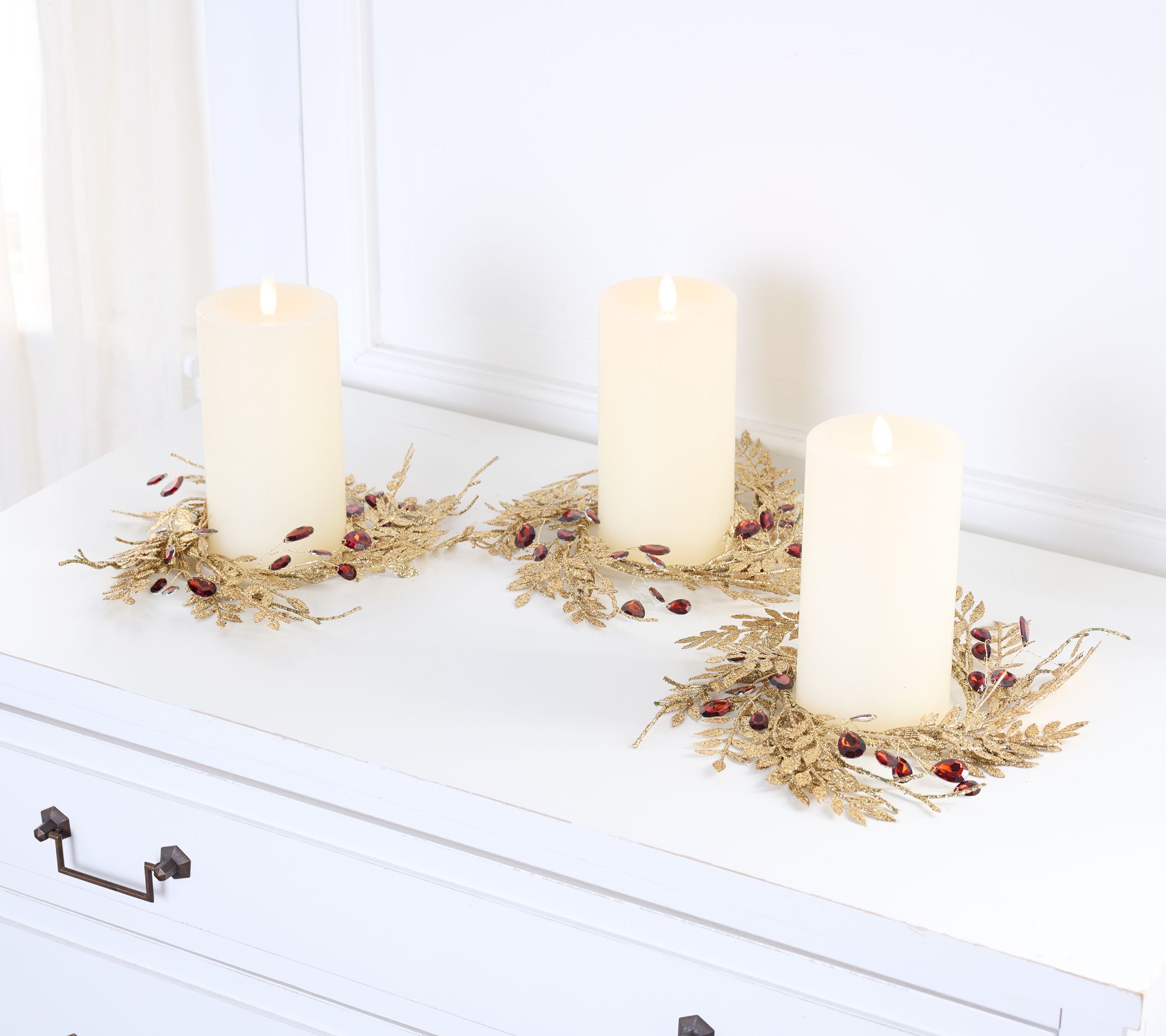 "As Is" Set/3 Glittered Leaf & Faceted Gem Candle Rings by Valerie