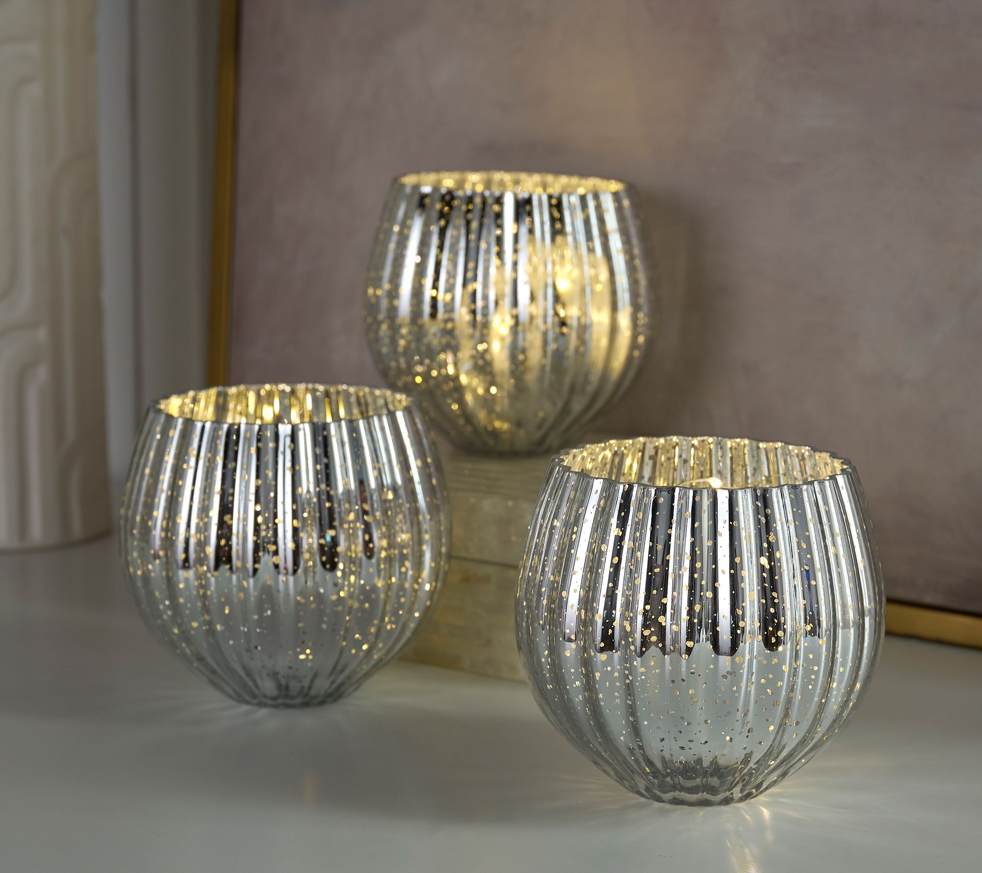 "As Is" Set of 3 Illuminated Mercury Glass Rose Bowls by Valerie