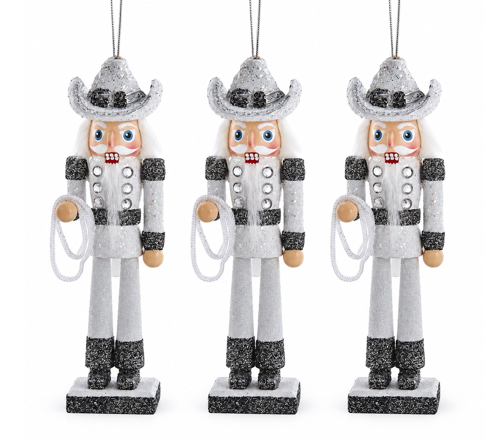 RC Home Decor Set of 3 Silver Cowboy Nutcracker Ornaments