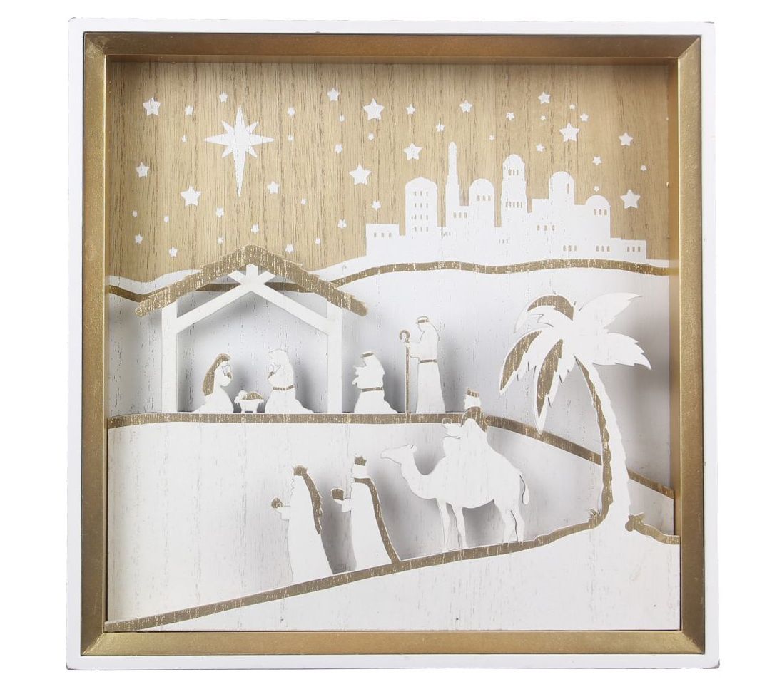 Young's wood box Christmas tabletop decor w/LEDlights