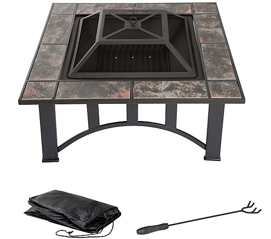 Pure Garden 33" Square Tile Fire Pit with Cover