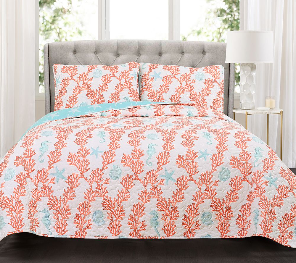 Dina Coral 3-Piece FL/QN Blue/Coral Quilt Set by Lush Decor - QVC.com