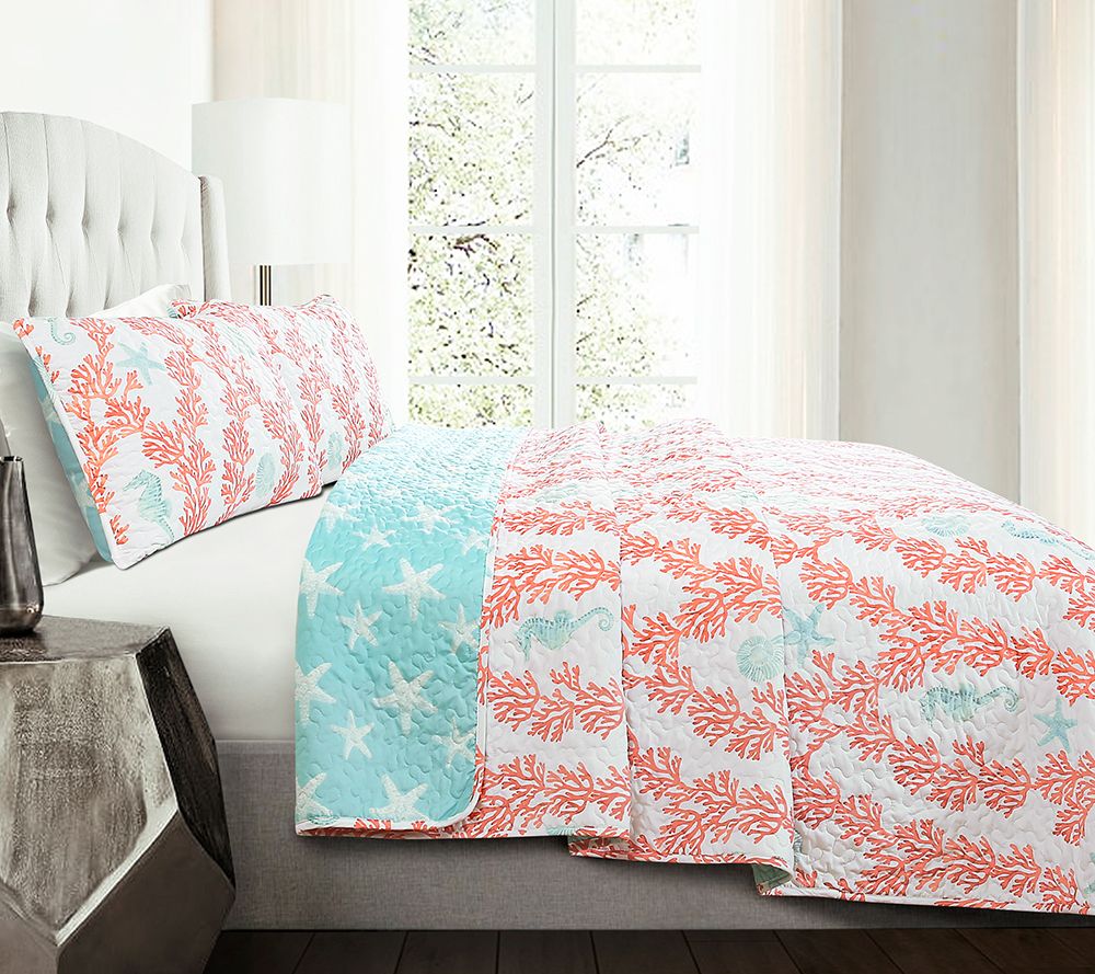 Dina Coral 3Piece FL/QN Blue/Coral Quilt Set by Lush Decor