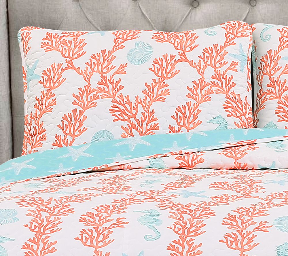 Dina Coral 3Piece FL/QN Blue/Coral Quilt Set by Lush Decor