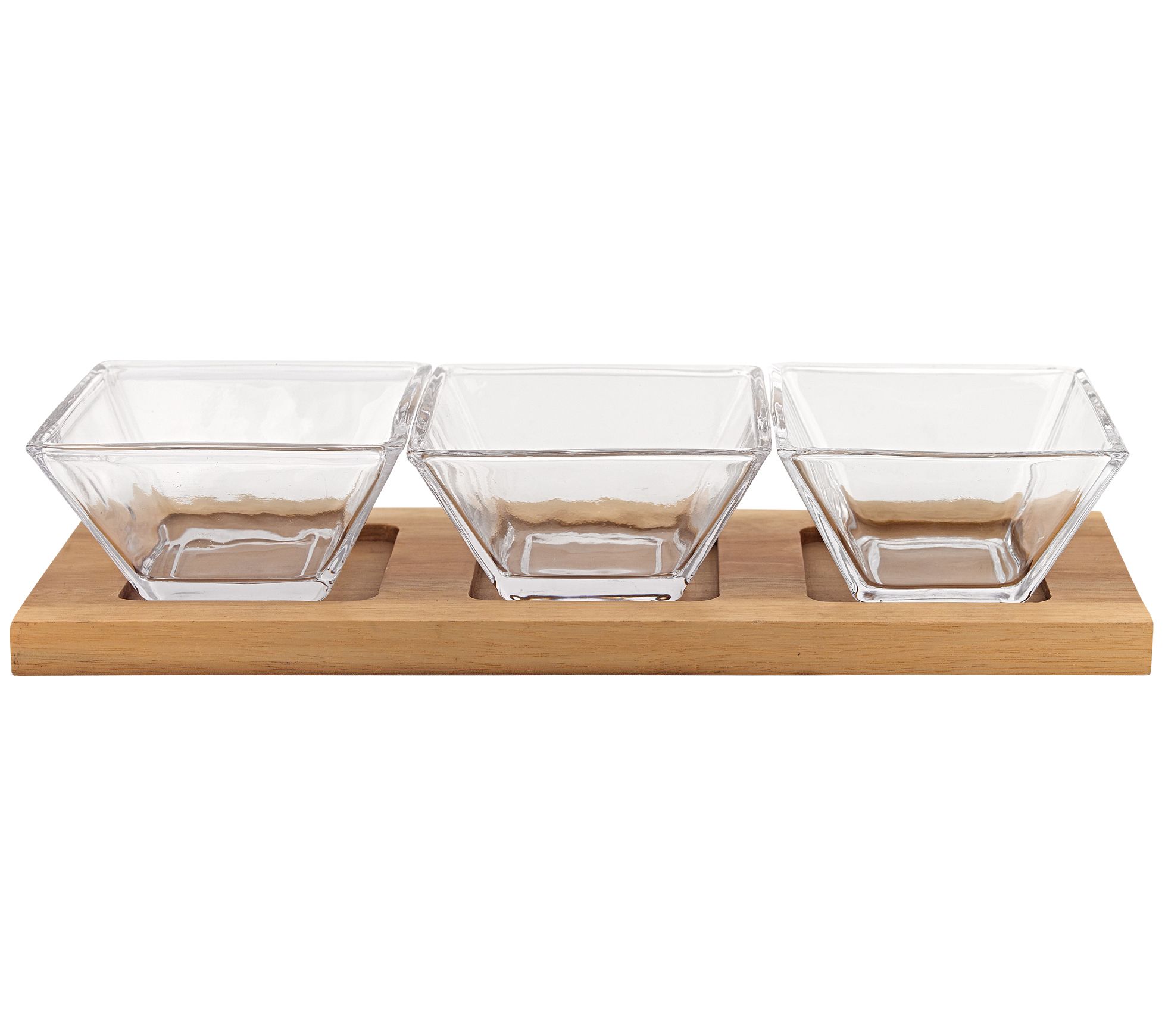 Badash Hostess Set 4-Pc With 3 Glass Condimenton a Wood Tray