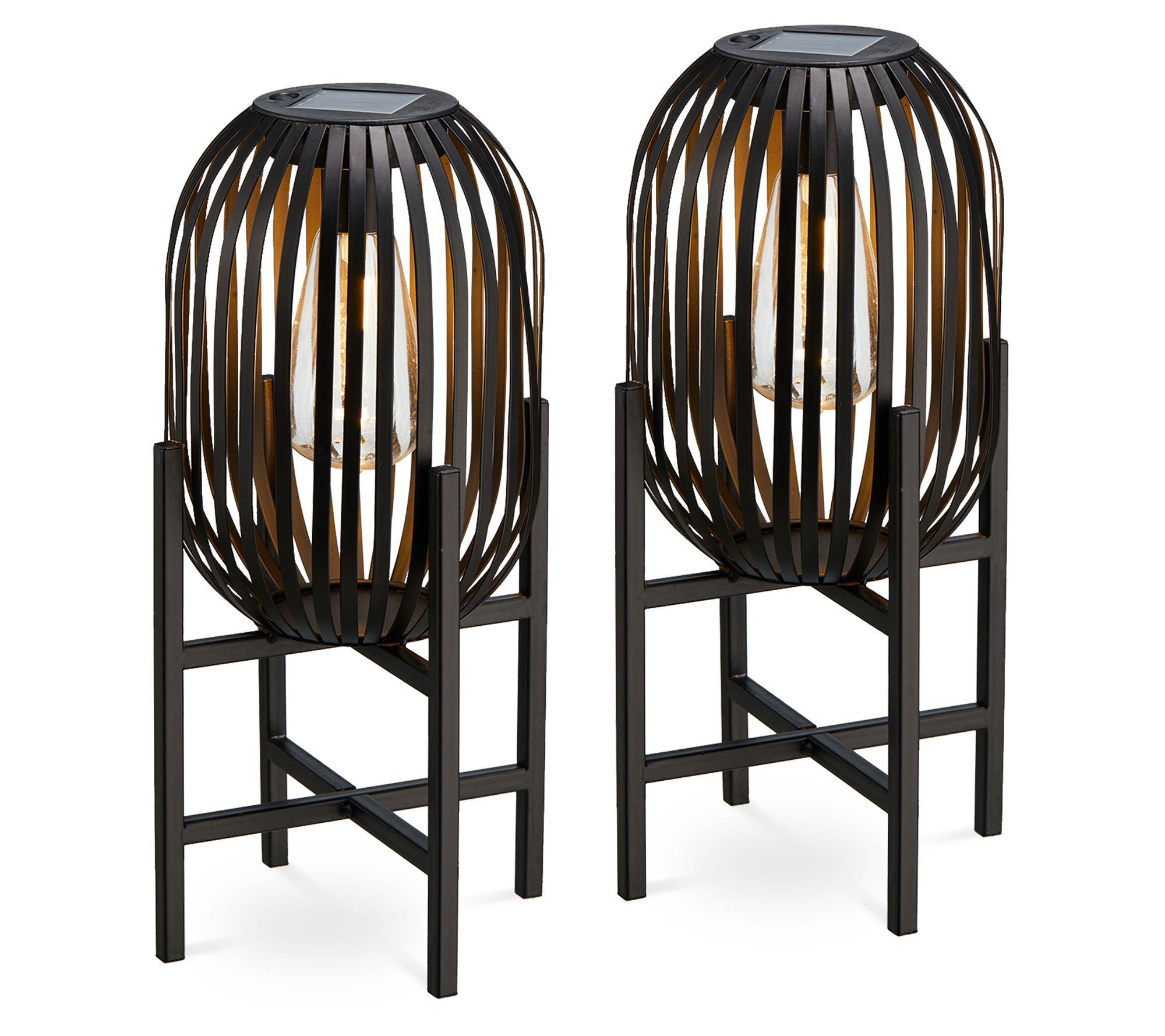 Glitzhome 14" Metal Striped Solar Powered Outdor Lanterns S/2