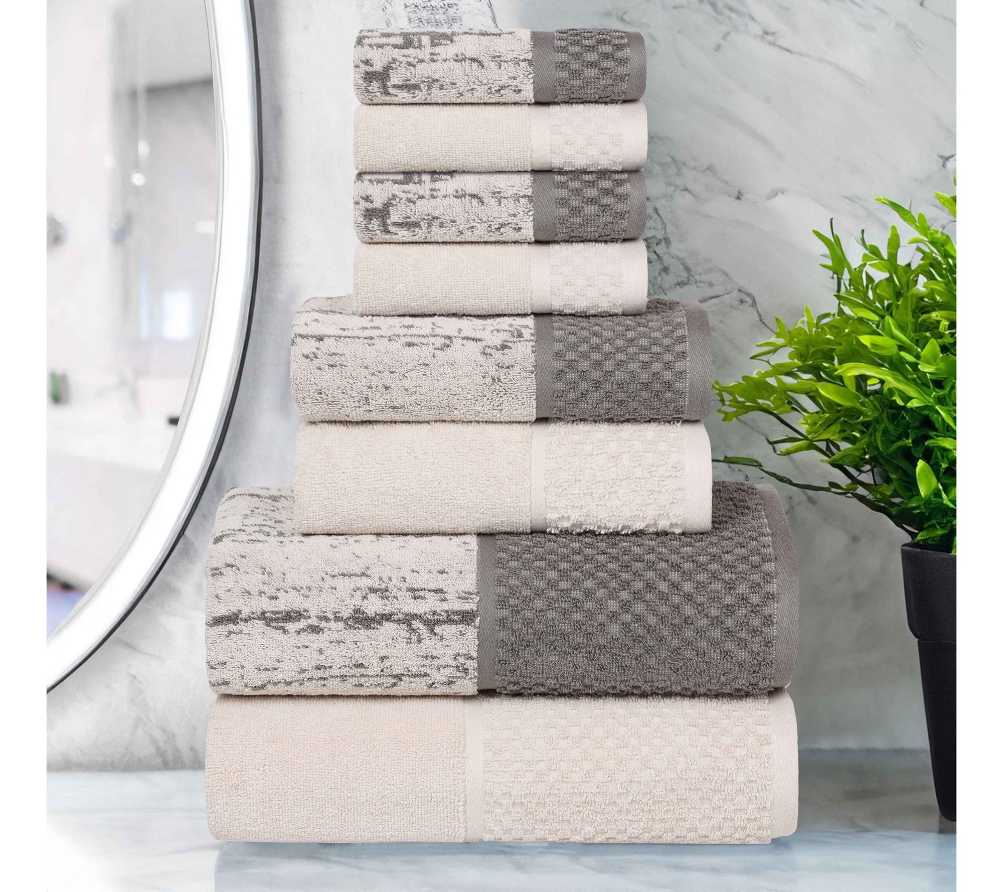 Superior Cotton Soft Absorbent Two Toned 8 Pi ece Towel Set