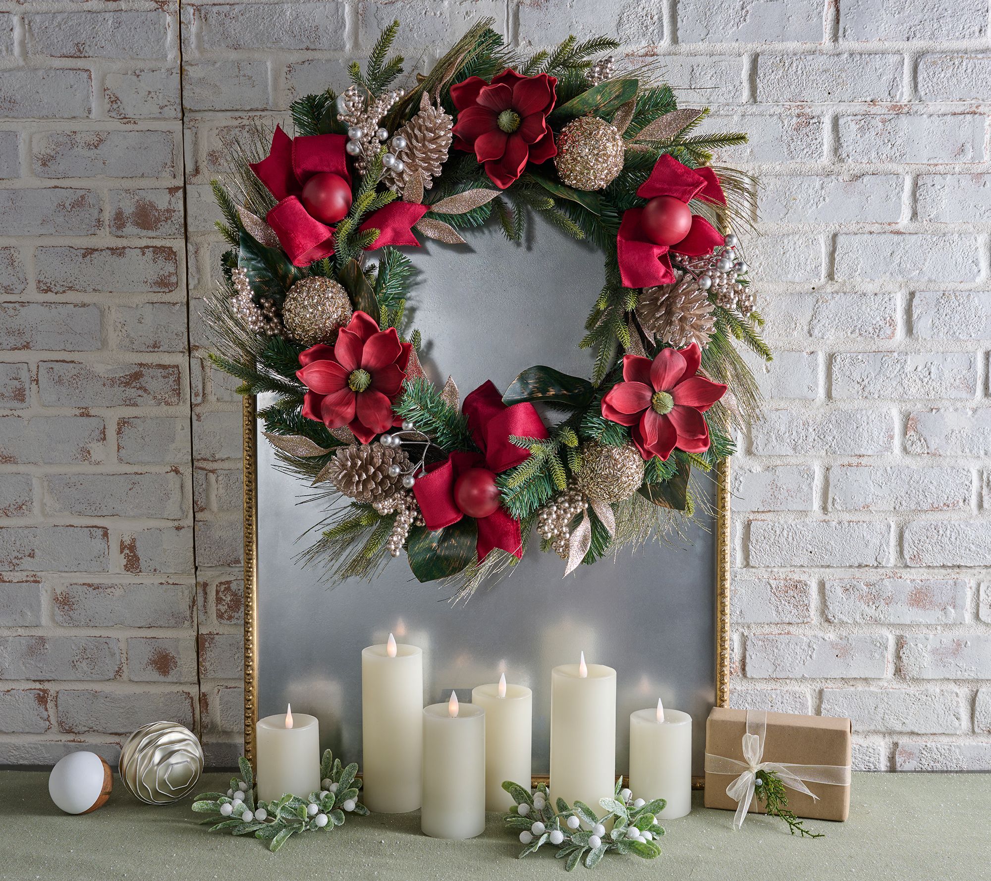 26" Luxe Ribbon and Pinecone Magnolia Wreath by Kim Gravel