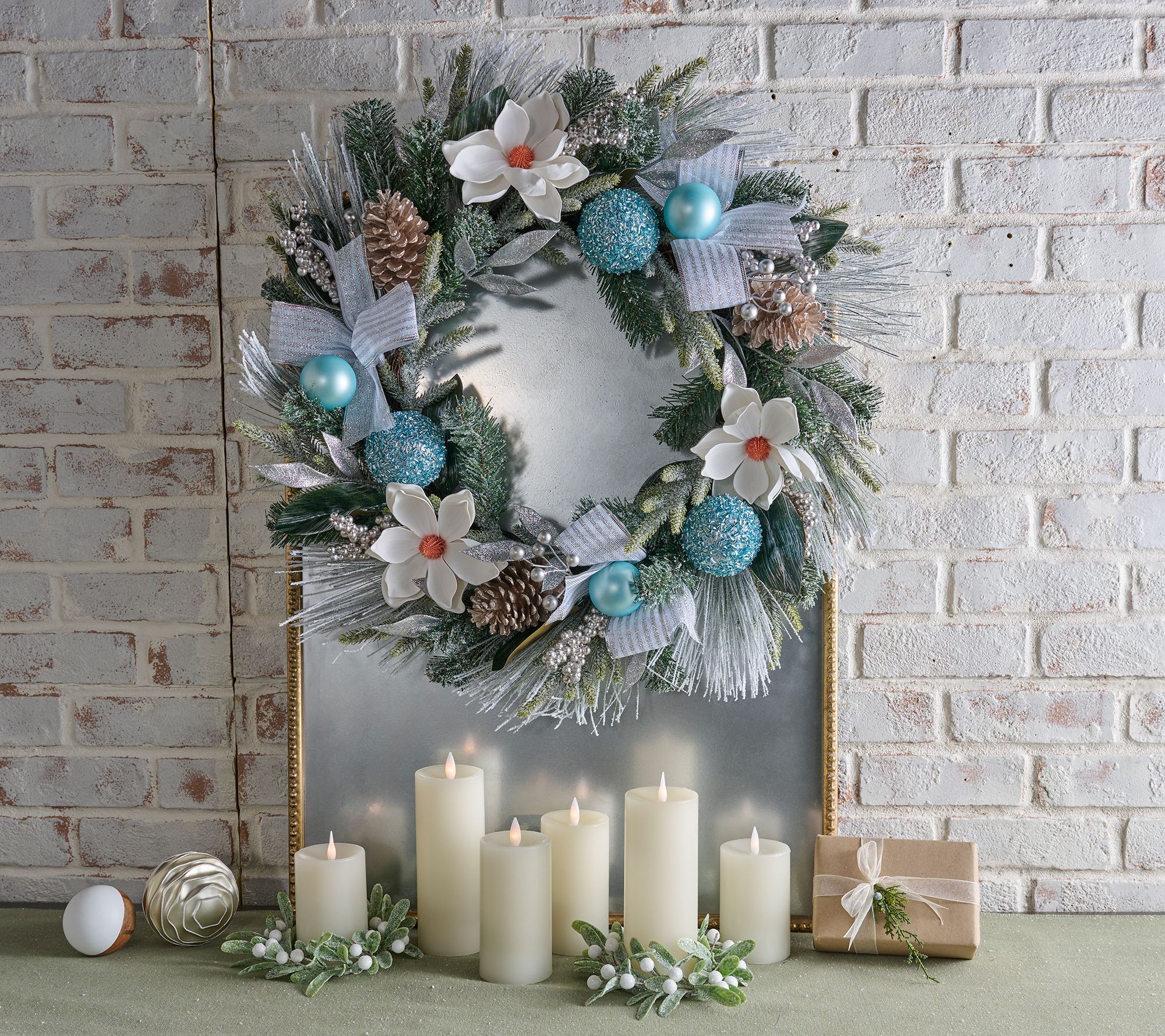 26" Luxe Ribbon and Pinecone Magnolia Wreath by Kim Gravel