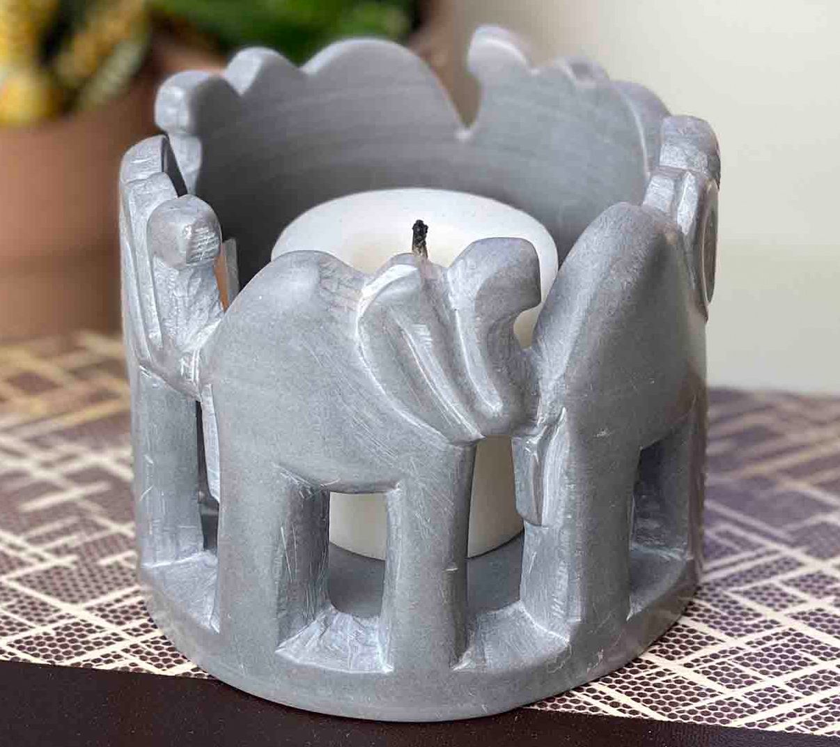 Global Crafts Circle of Elephants Soapstone Sculpture Votive
