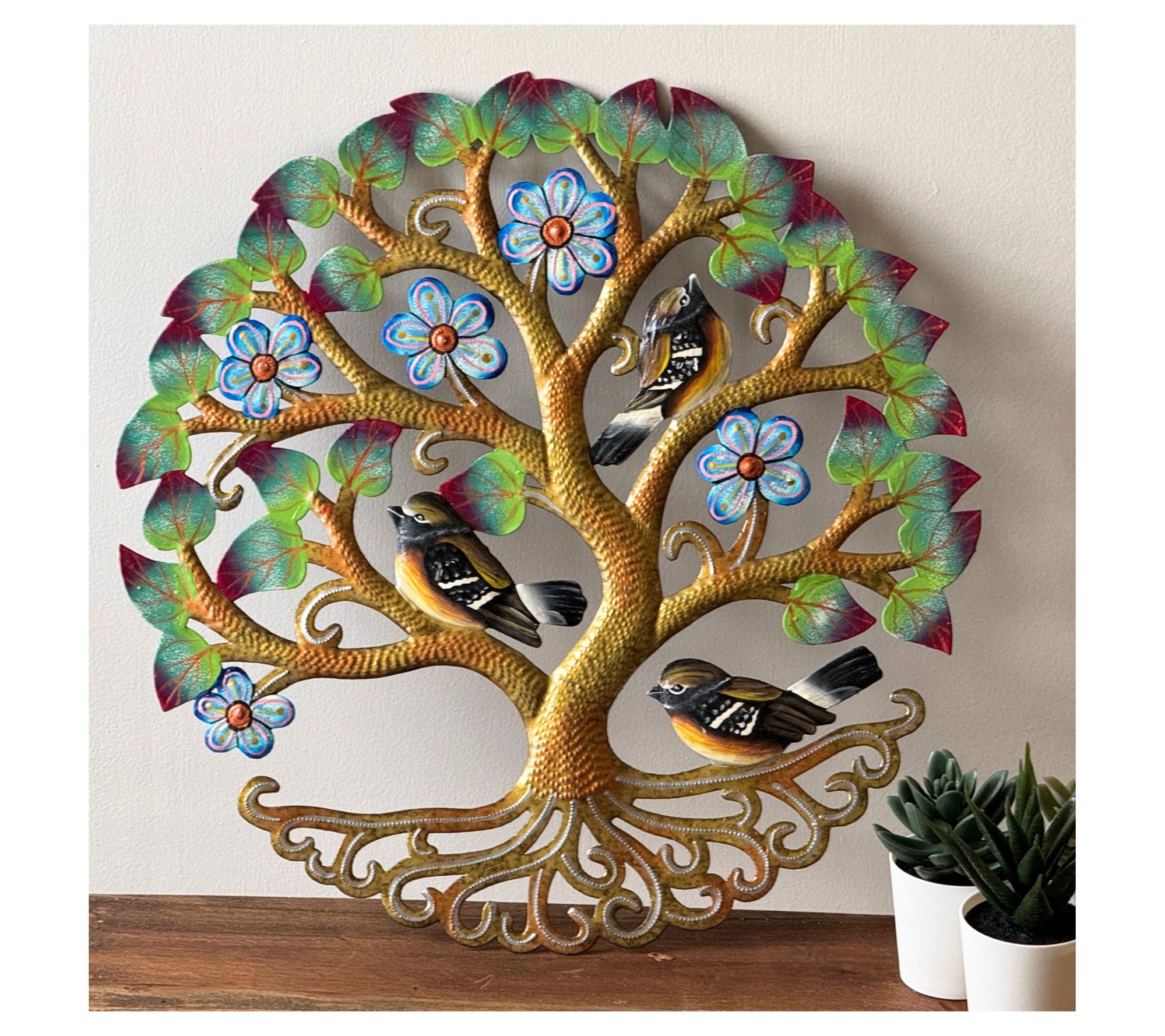 Global Crafts 14" Tree of Life with Birds SteelDrum Wall Art