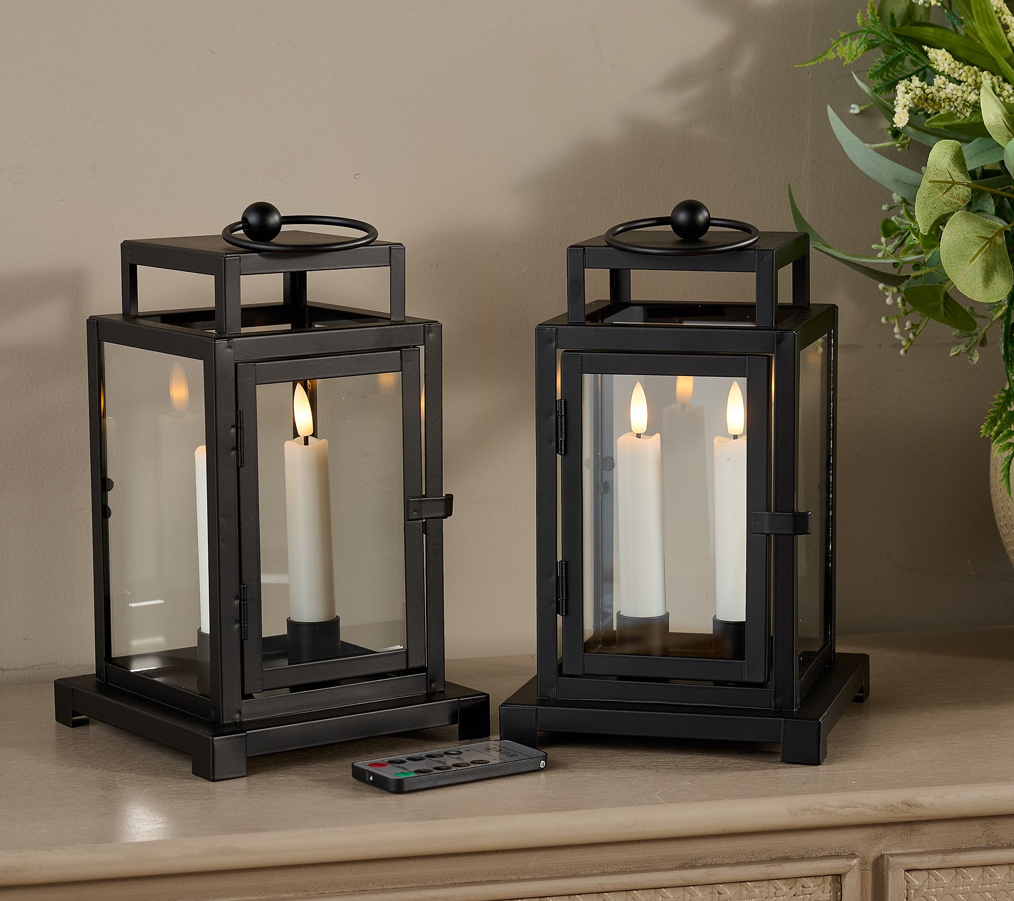 Home Reflections S/2 Mini Metal Lanterns with 2 Taper Candles