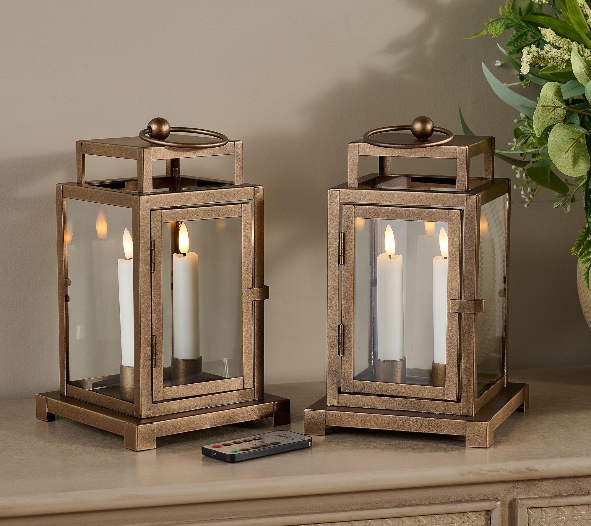 Home Reflections S/2 Mini Metal Lanterns with 2 Taper Candles
