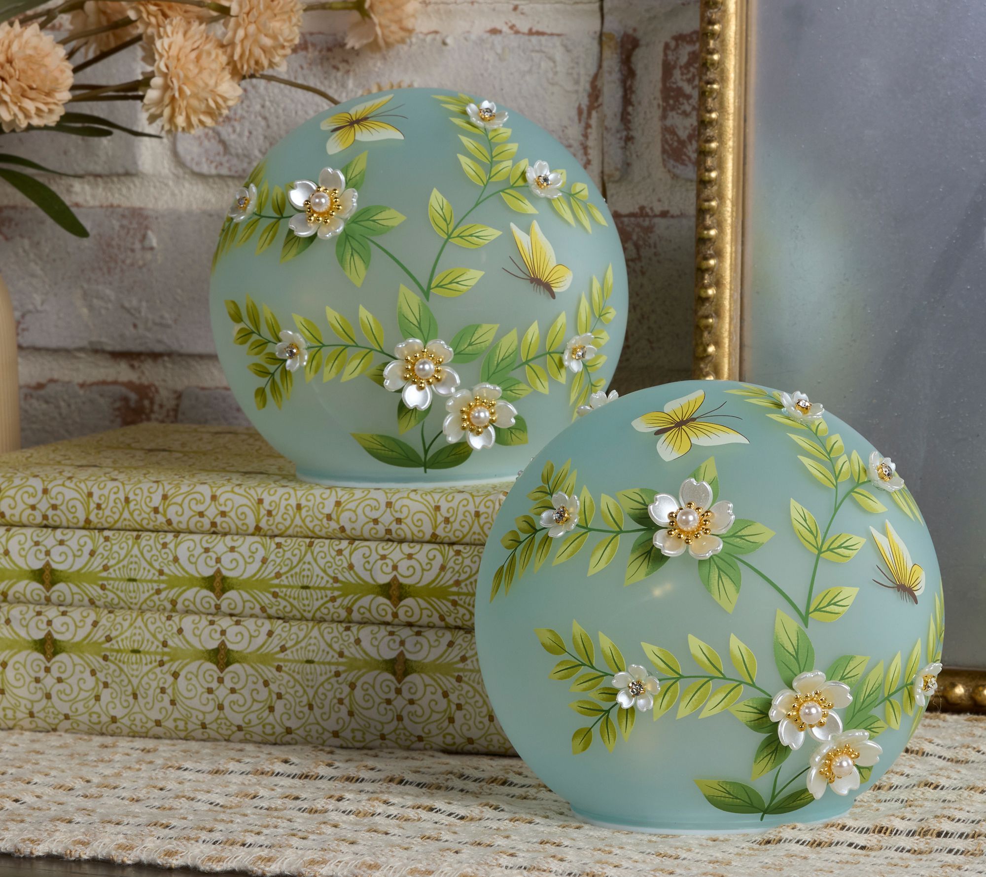 Set of 2 6" Illuminated Spheres w/Pearl Flowers by Valerie