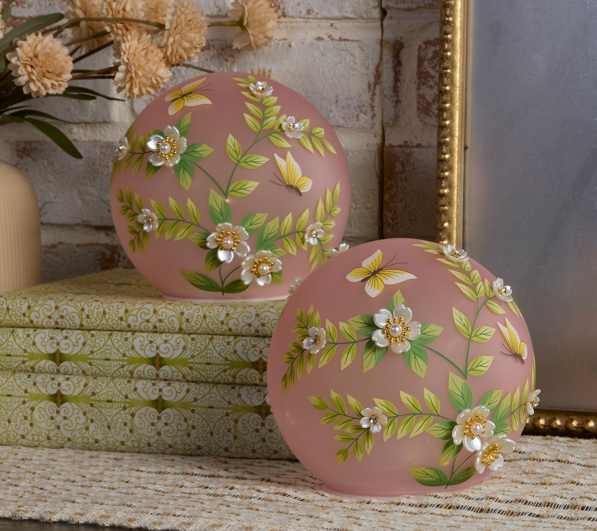 Set of 2 6" Illuminated Spheres w/Pearl Flowers by Valerie
