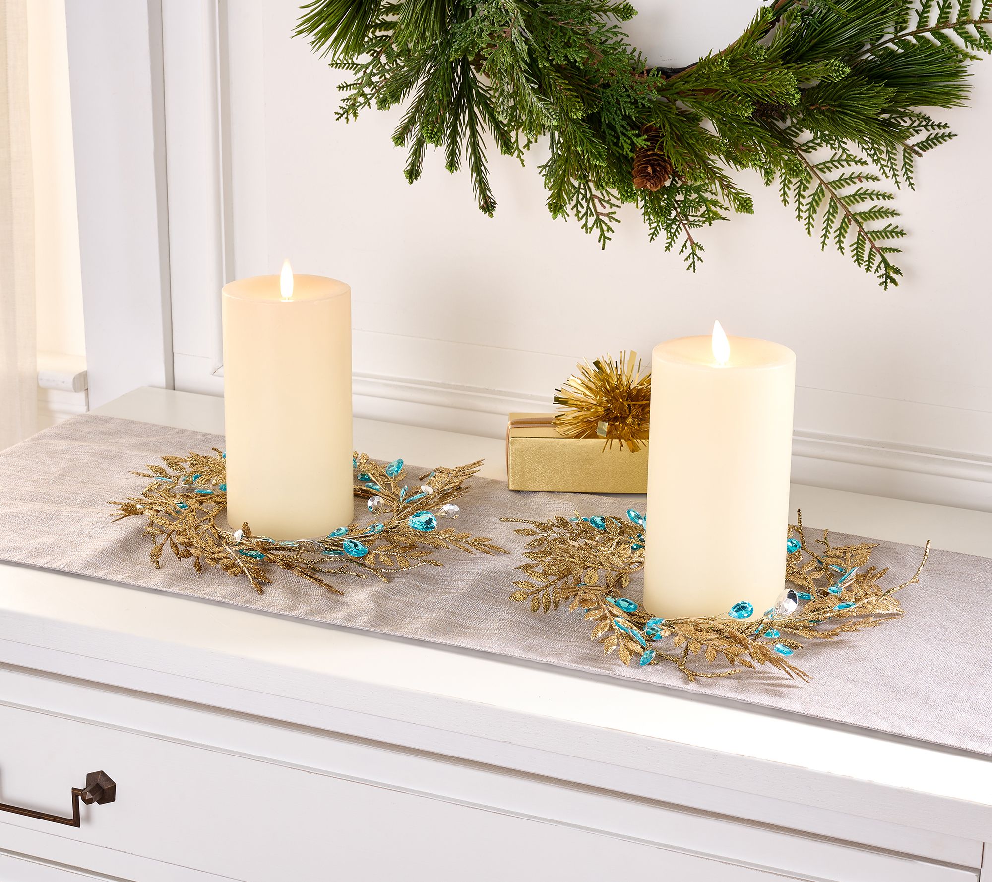 "As Is" Set/2 Glittered Leaf & Faceted Gem Candle Rings by Valerie