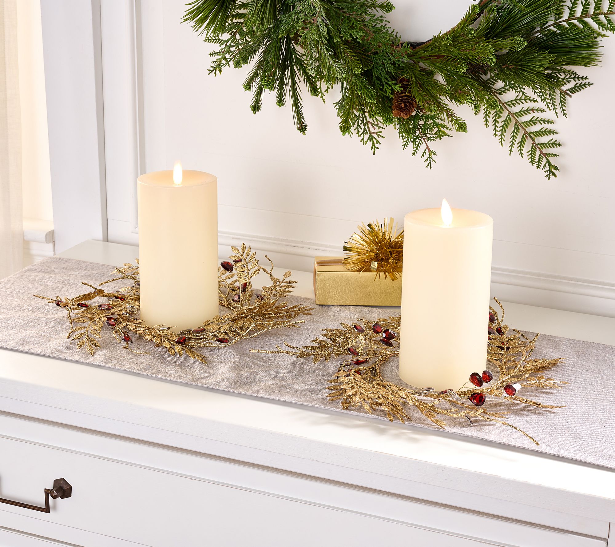 "As Is" Set/2 Glittered Leaf & Faceted Gem Candle Rings by Valerie