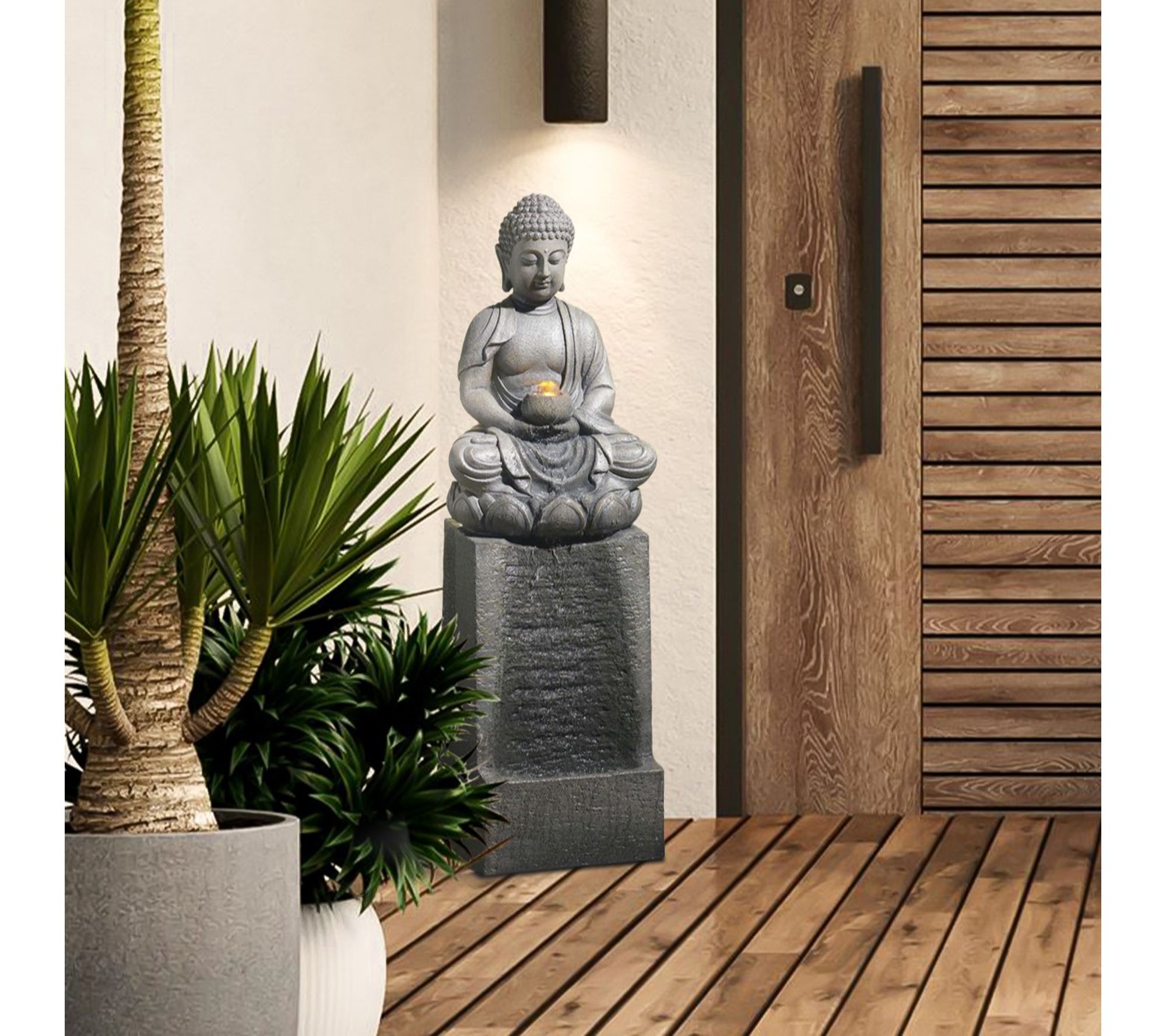 LuxenHome Resin Meditating Buddha on Column Lighted Fountain