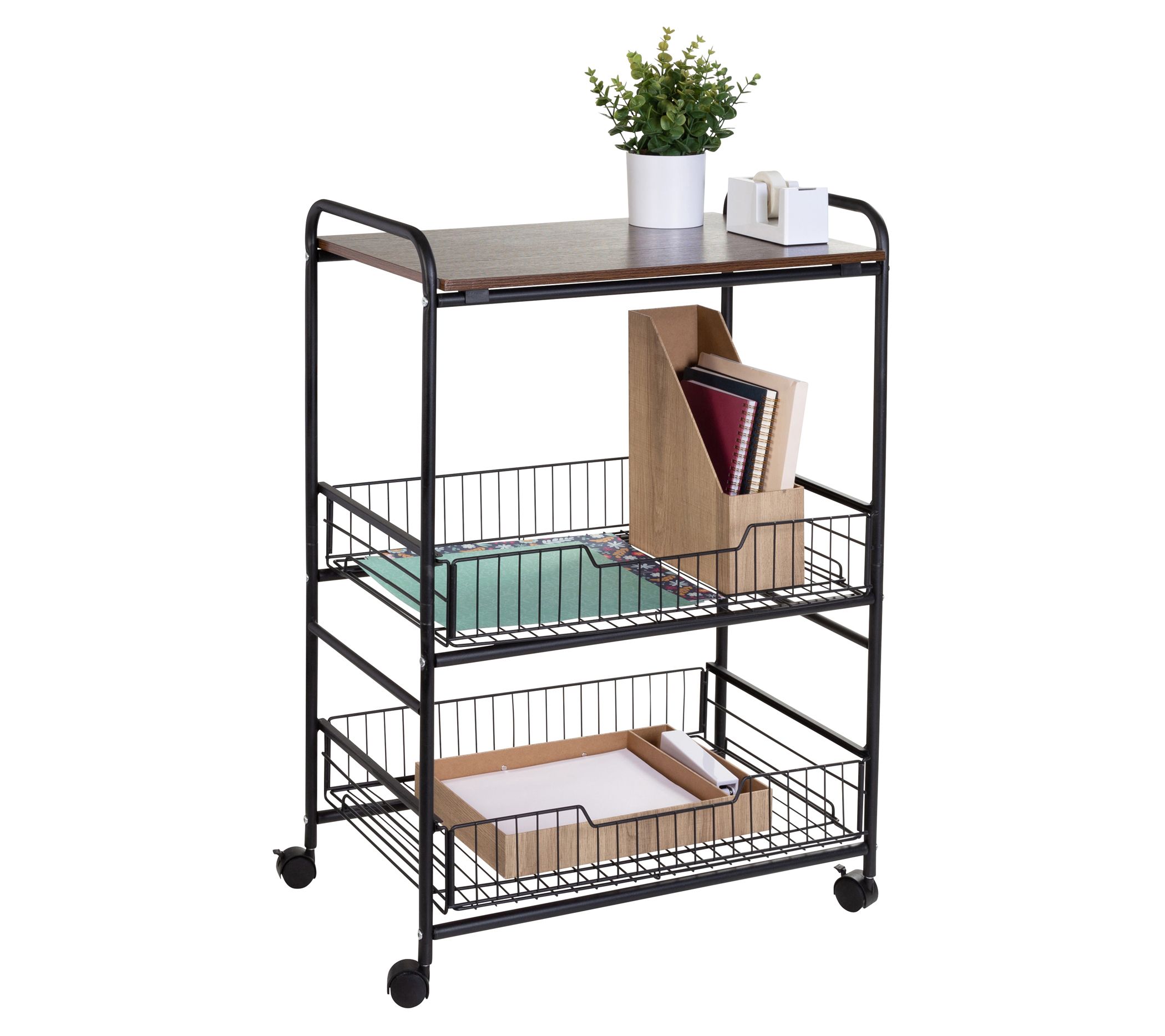 HoneyCanDo 3Tier Cart with Wood Shelf and PullOut Baskets