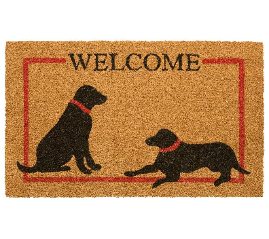 Two Dog Welcome Red Border Coir Doormat with PVC backing