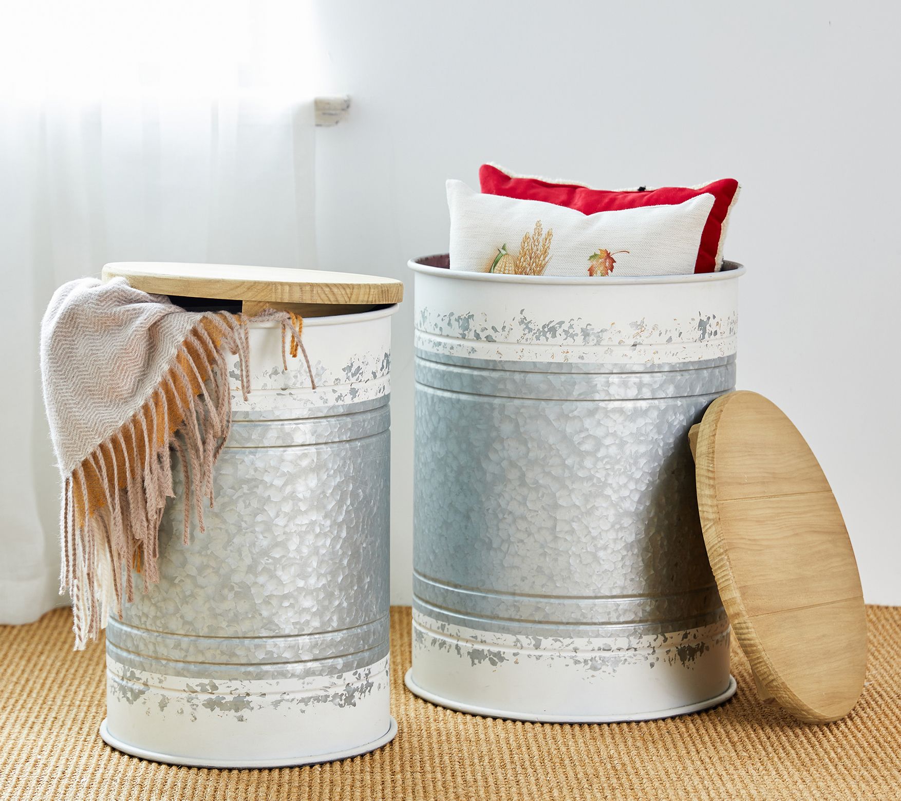 Glitzhome Modern Galvanized Storage Stools with Lids S/2