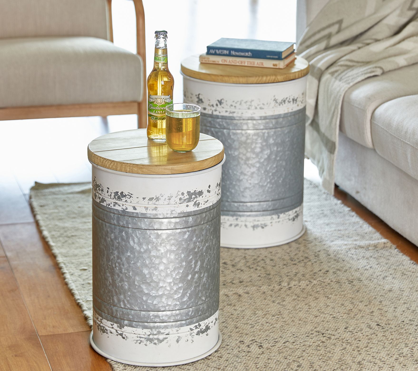 Glitzhome Modern Galvanized Storage Stools with Lids S/2