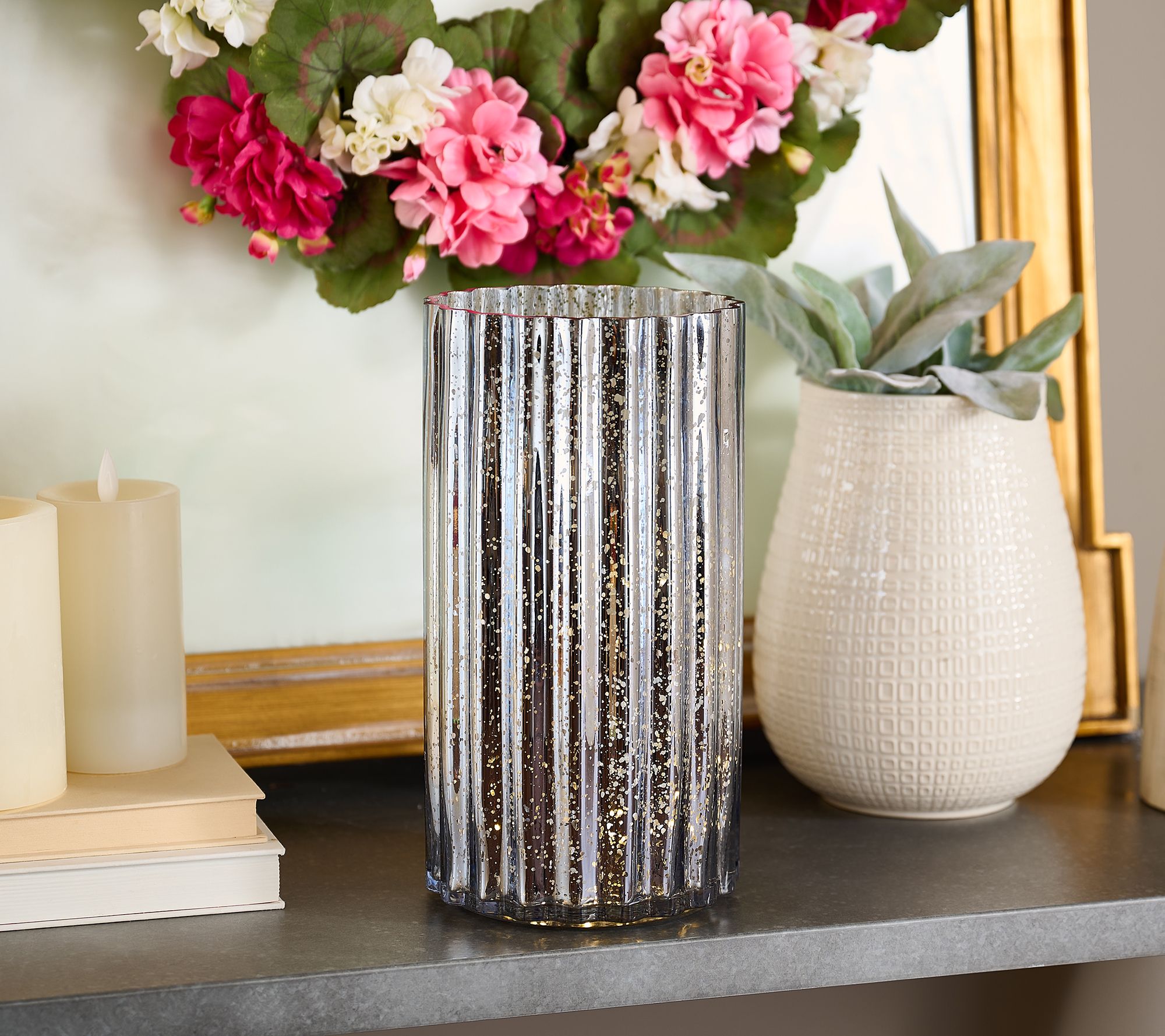 12" Oversized Illuminated Fluted Mercury Glass Hurricane by Valerie