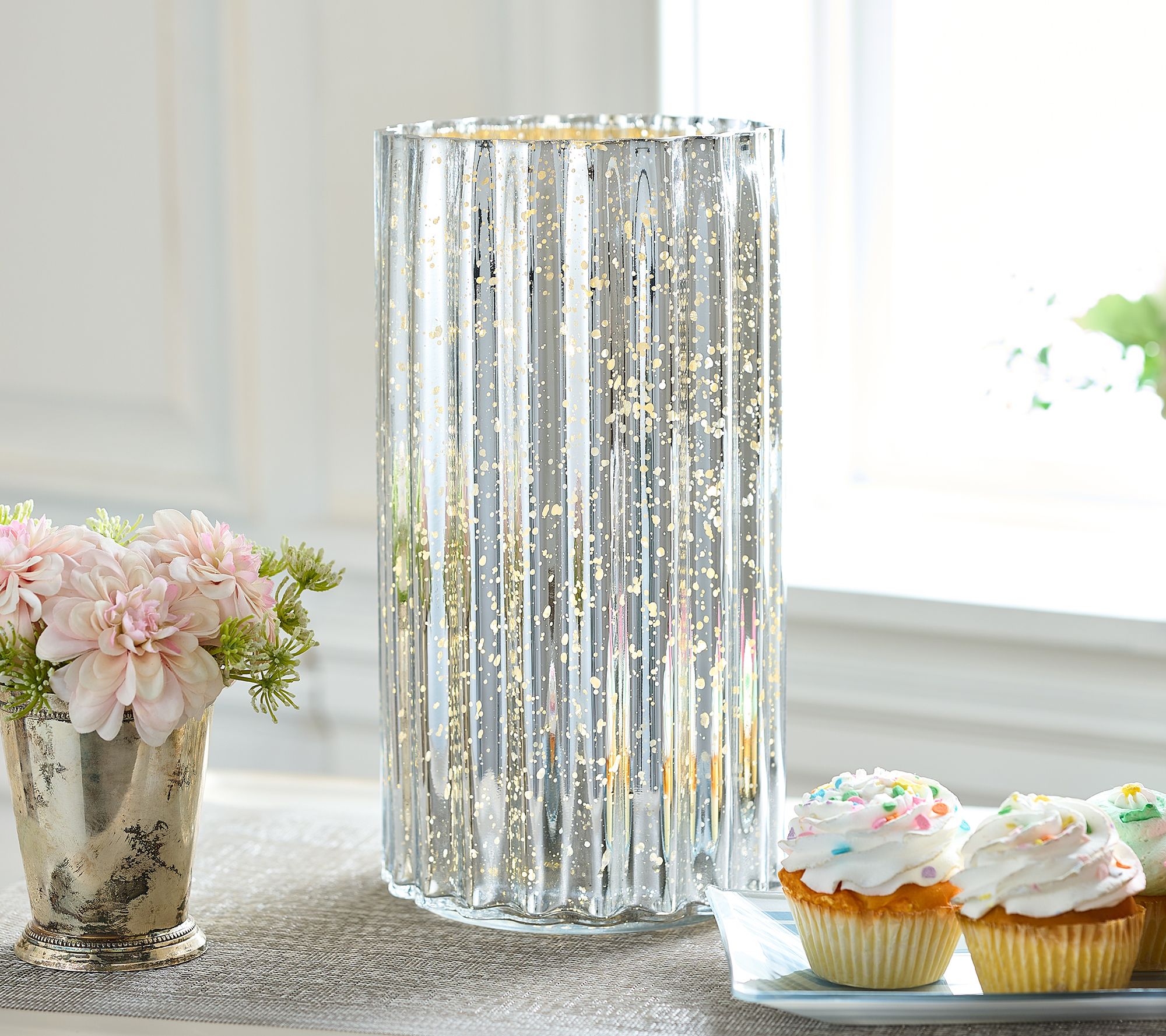 12" Oversized Illuminated Fluted Mercury Glass Hurricane by Valerie
