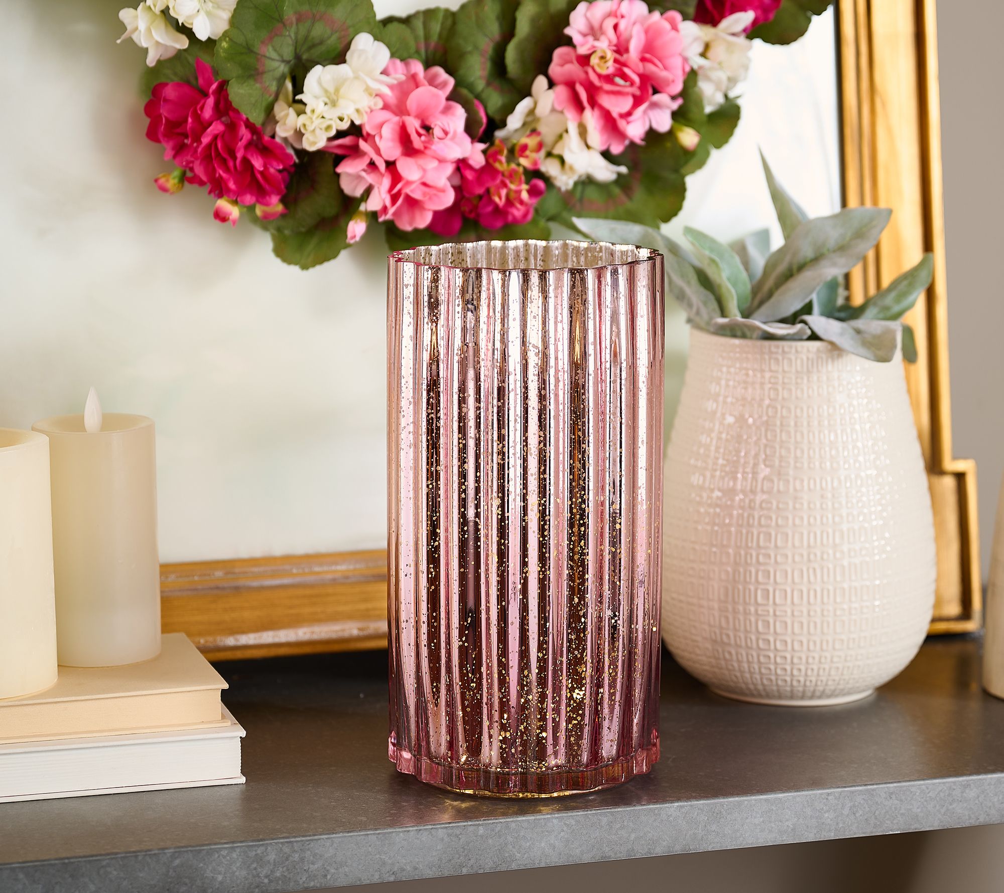 12" Oversized Illuminated Fluted Mercury Glass Hurricane by Valerie