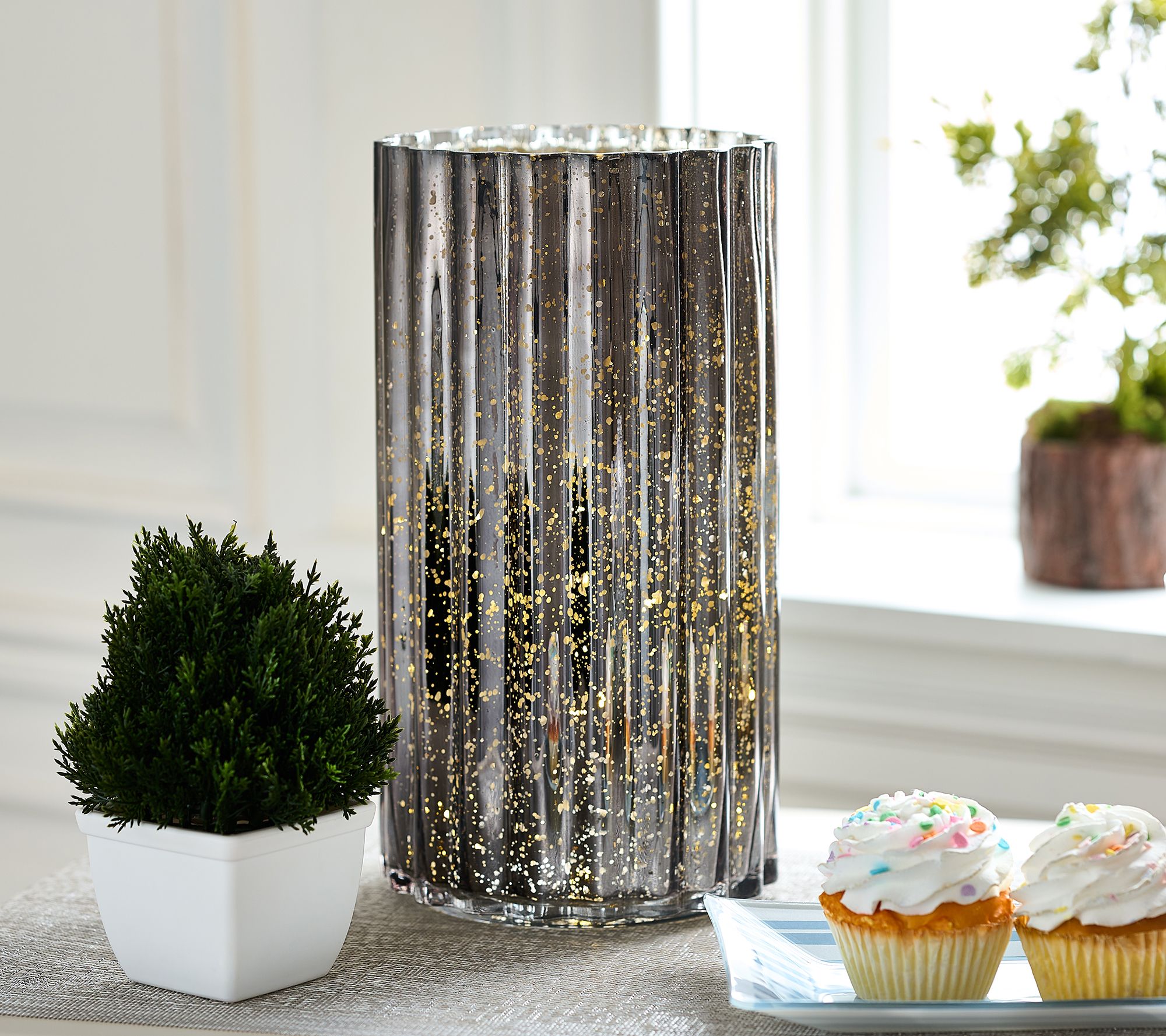 12" Oversized Illuminated Fluted Mercury Glass Hurricane by Valerie